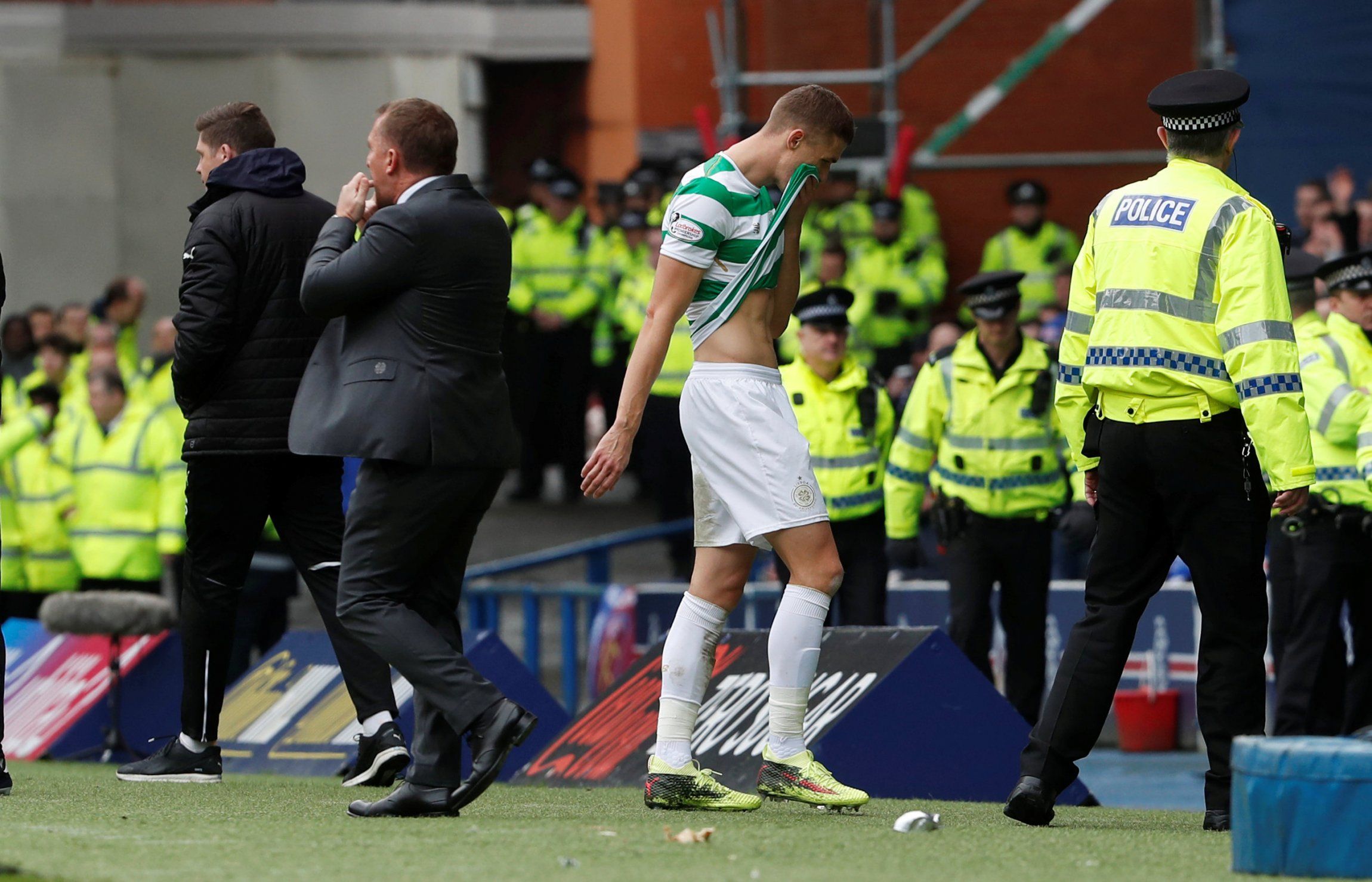 jozo simunovic wipes his brow after leaving the pitch