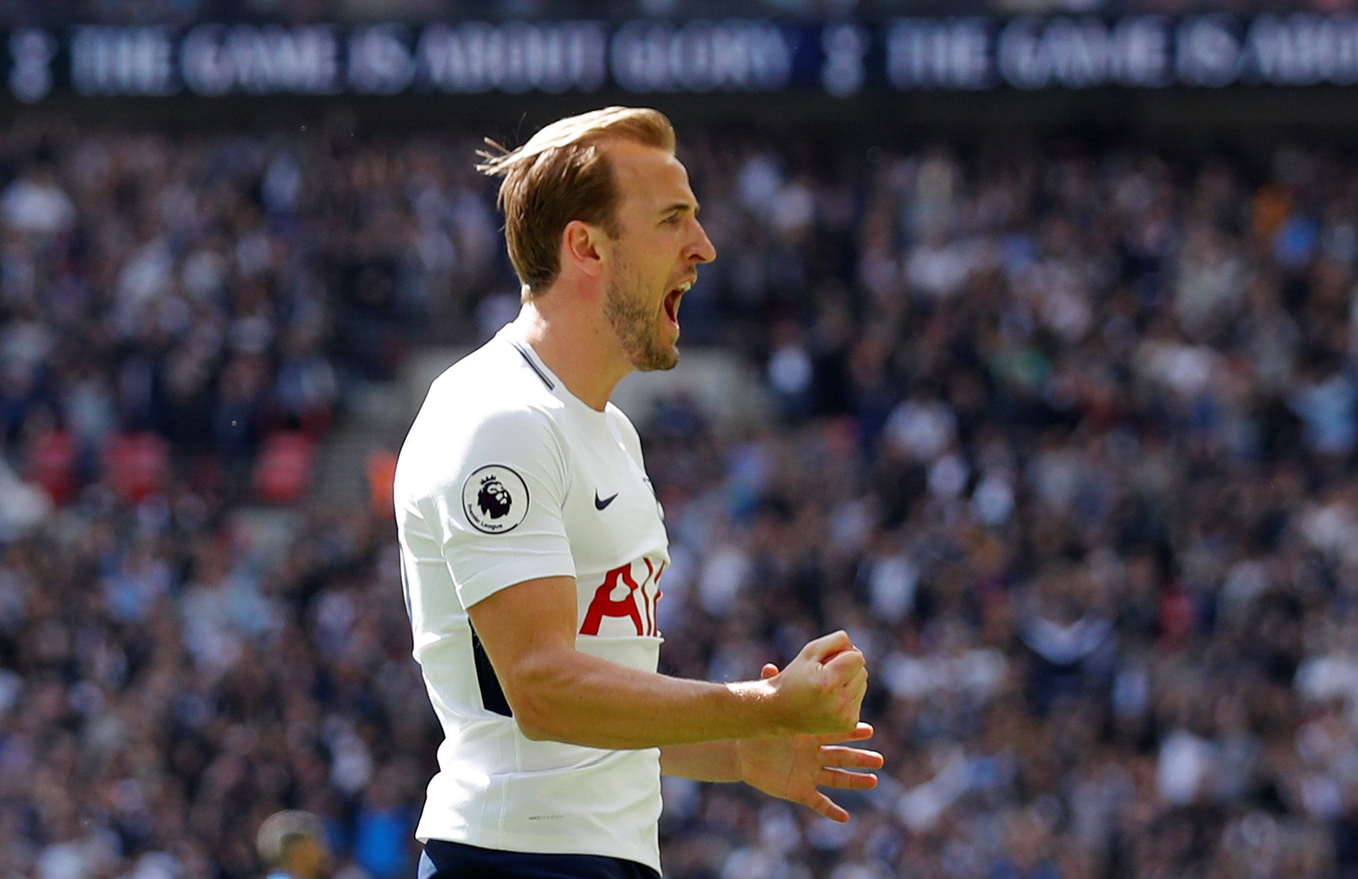 Soccer Football - Premier League - Tottenham Hotspur vs Leicester City - Wembley Stadium, London, Britain - May 13, 2018   Tottenham's Harry Kane celebrates scoring their first goal    Action Images via Reuters/Andrew Couldridge    EDITORIAL USE ONLY. No use with unauthorized audio, video, data, fixture lists, club/league logos or "live" services. Online in-match use limited to 75 images, no video emulation. No use in betting, games or single club/league/player publications.  Please contact your