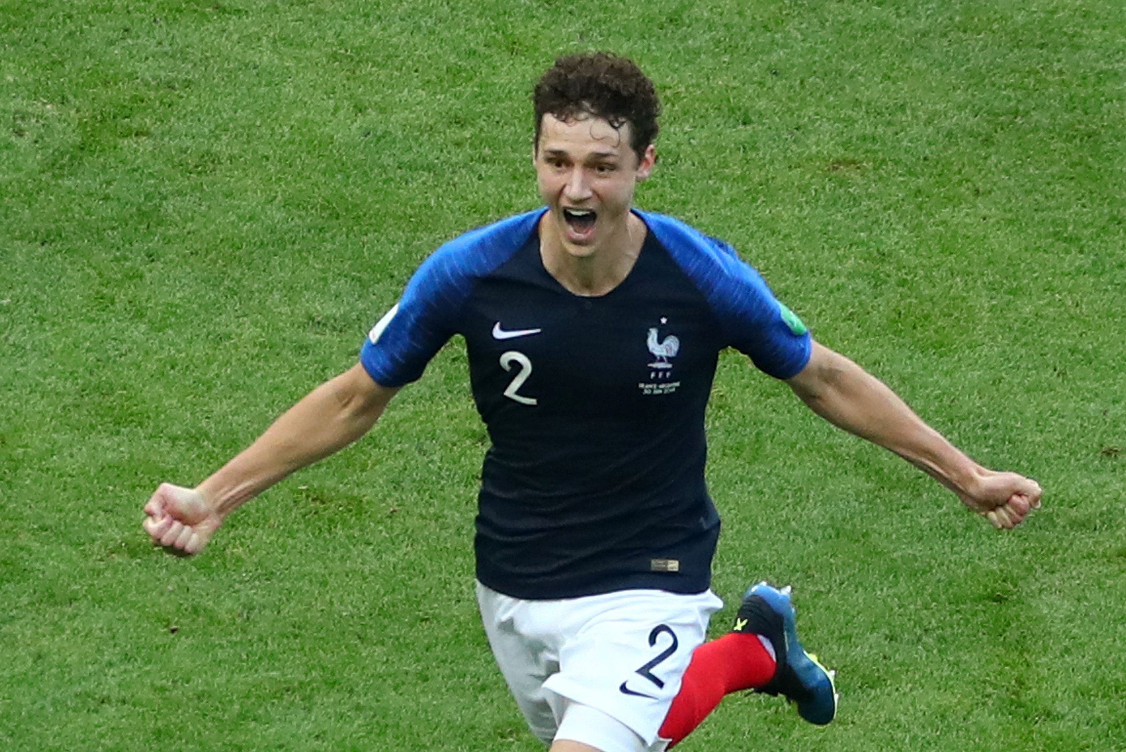 Benjamin Pavard celebrates scoring for France