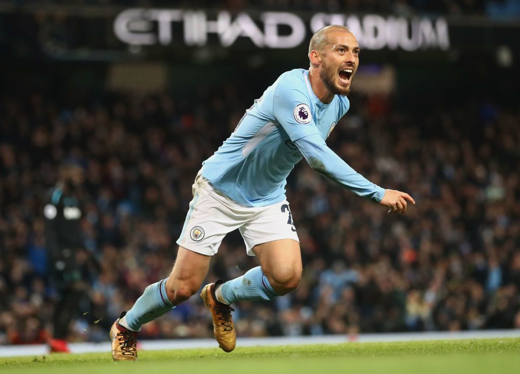 MANCHESTER, ENGLAND - DECEMBER 03:  David Silva of Manchester City celebrates scoring his sides second goal during the Premier League match between Manchester City and West Ham United at Etihad Stadium on December 3, 2017 in Manchester, England.  (Photo by Clive Brunskill/Getty Images)