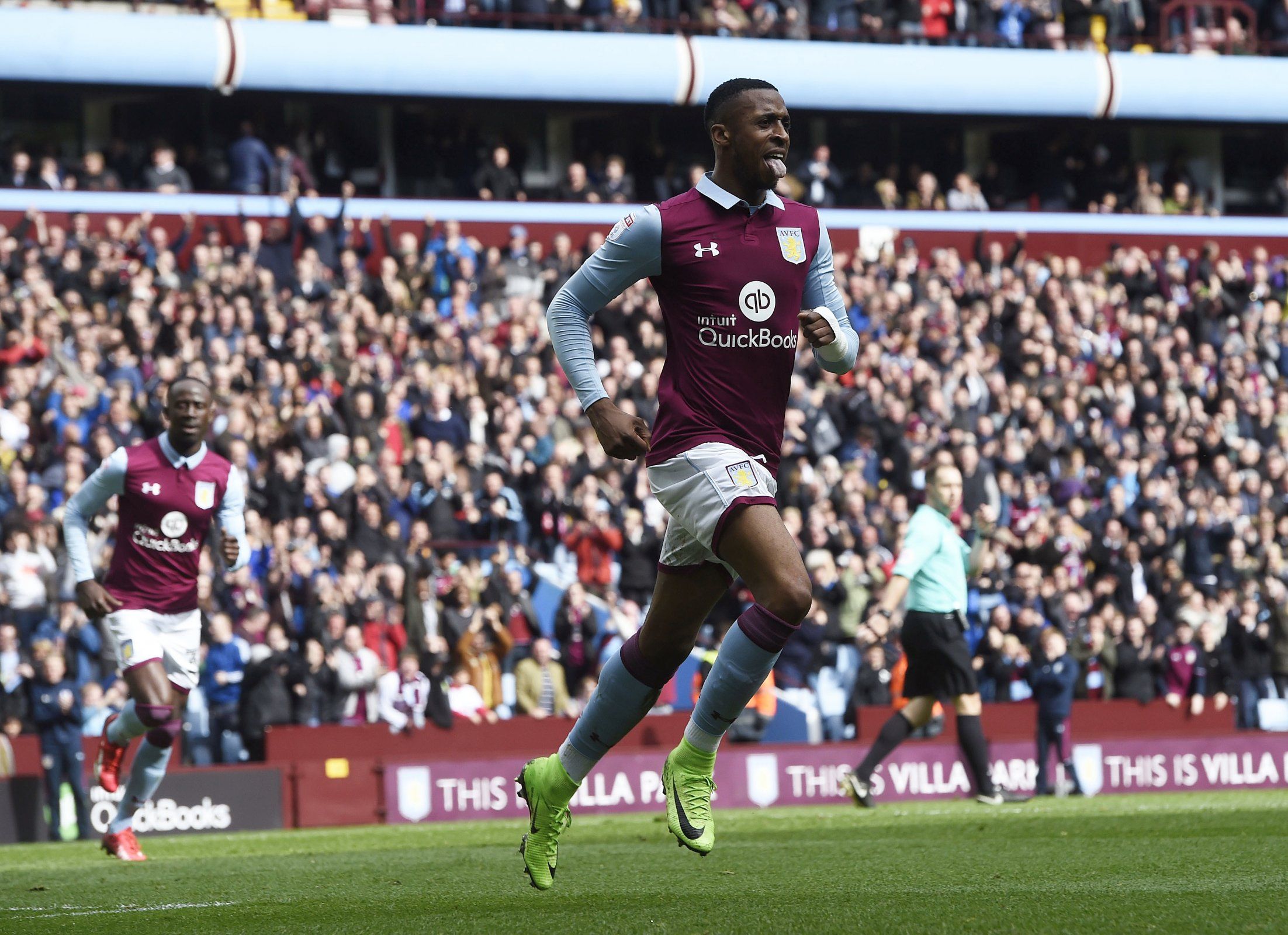 Jonathan Kodjia celebrates scoring at Villa Park