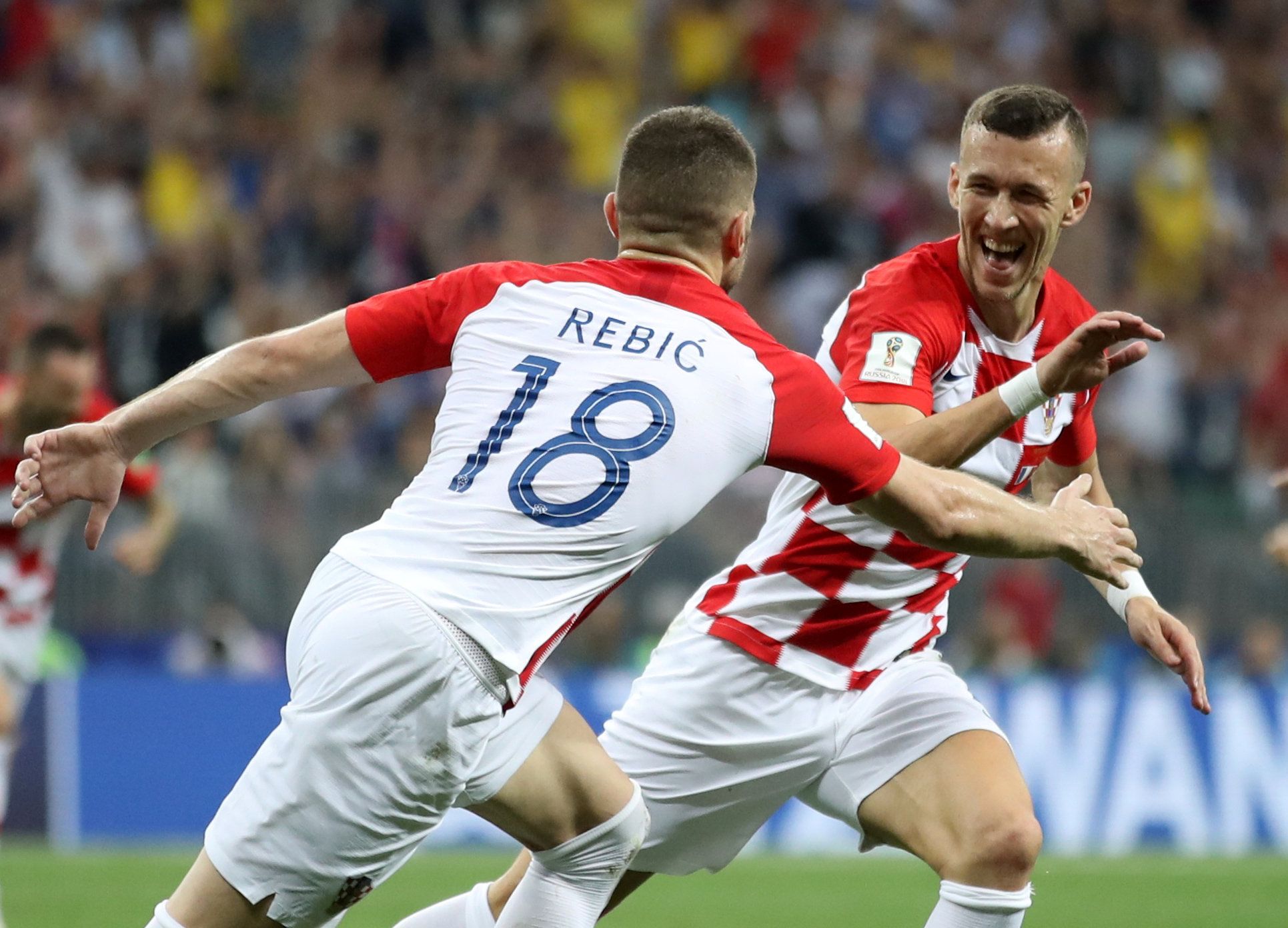 ivan perisic celebrates his goal in the world cup final with ante rebic
