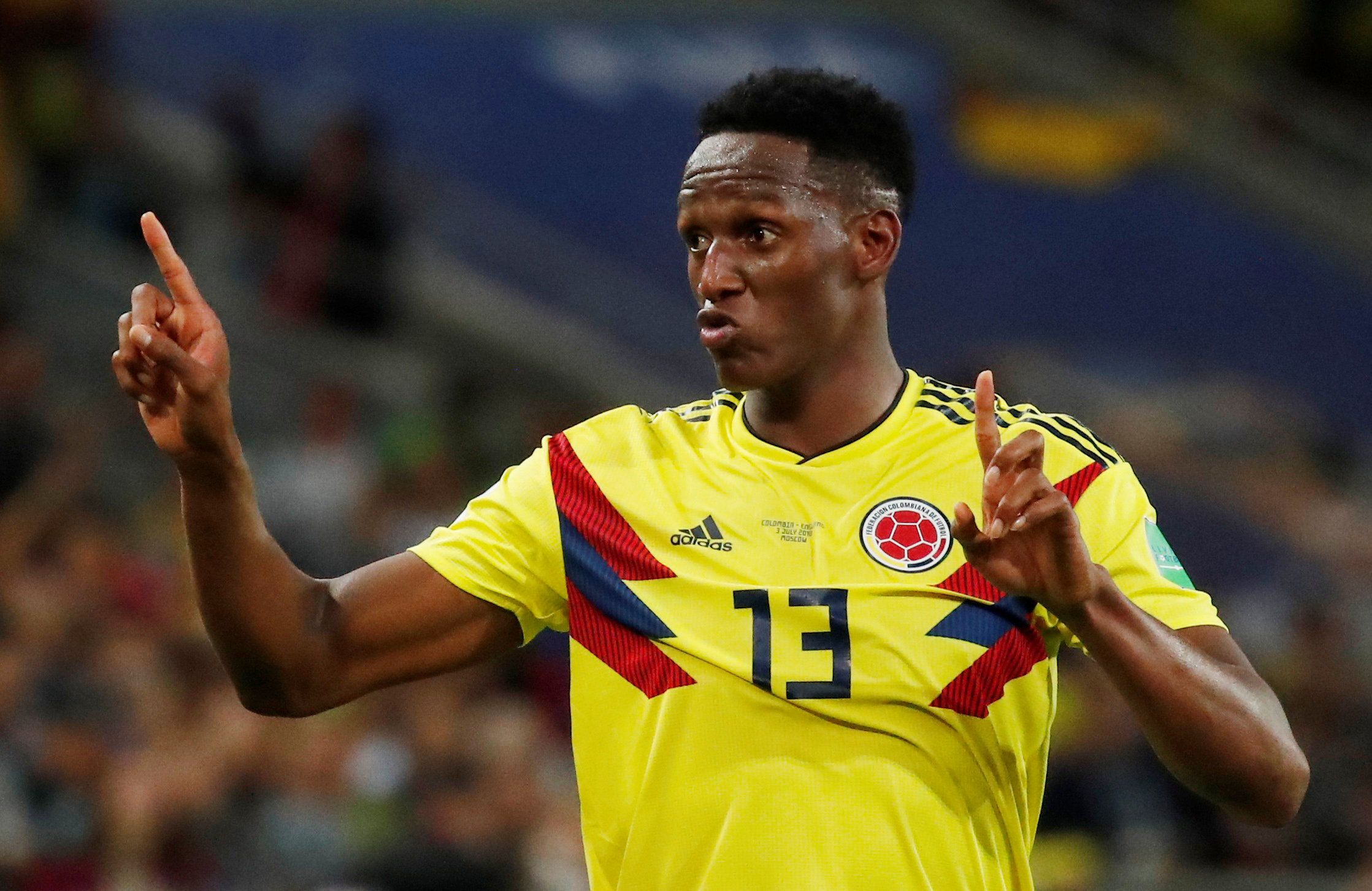 Soccer Football - World Cup - Round of 16 - Colombia vs England - Spartak Stadium, Moscow, Russia - July 3, 2018  Colombia's Yerry Mina celebrates  REUTERS/Maxim Shemetov
