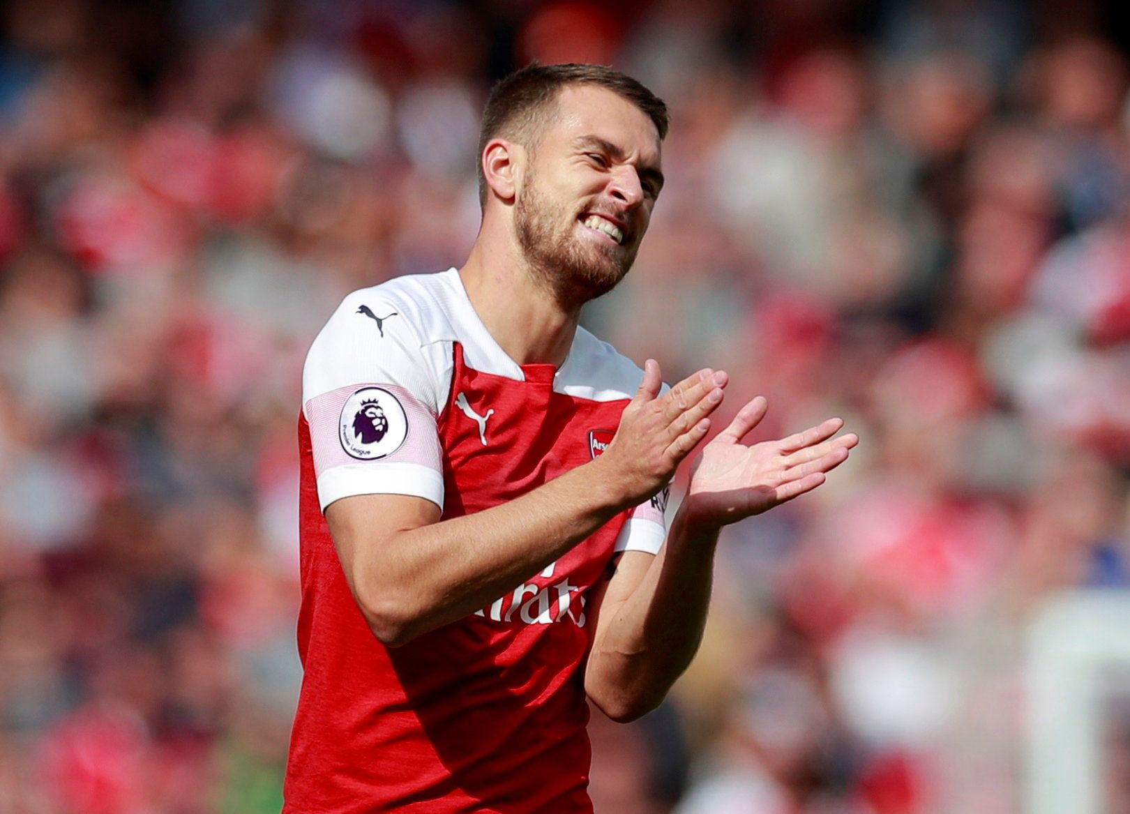 Soccer Football - Premier League - Arsenal v West Ham United - Emirates Stadium, London, Britain - August 25, 2018  Arsenal's Aaron Ramsey reacts  Action Images via Reuters/Andrew Couldridge  EDITORIAL USE ONLY. No use with unauthorized audio, video, data, fixture lists, club/league logos or 