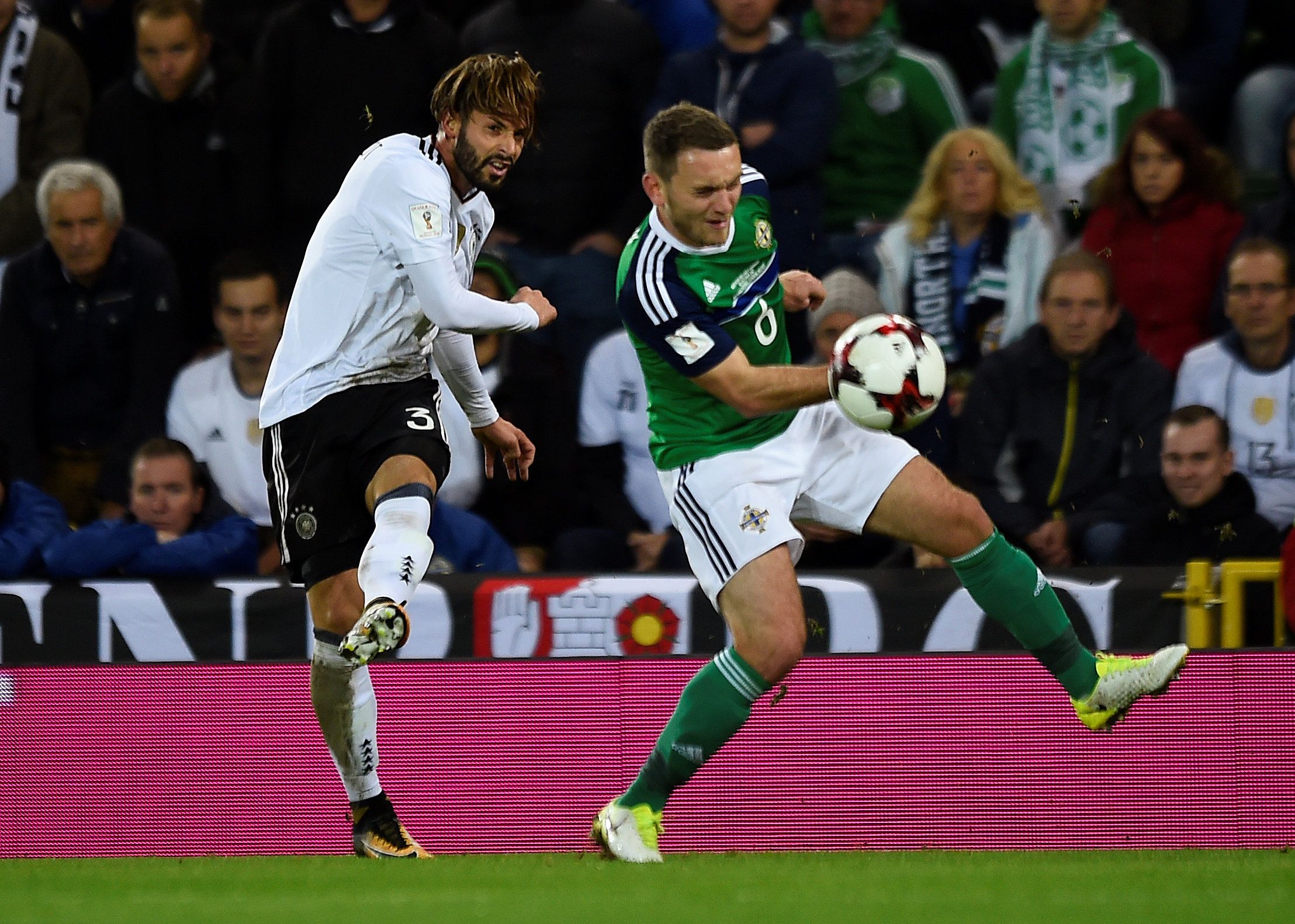 Soccer Football - 2018 World Cup Qualifications - Europe - Northern Ireland vs Germany - Windsor Park, Belfast, Britain - October 5, 2017   Germany’s Marvin Plattenhardt in action with Northern Ireland’s Lee Hodson    REUTERS/Clodagh Kilcoyne