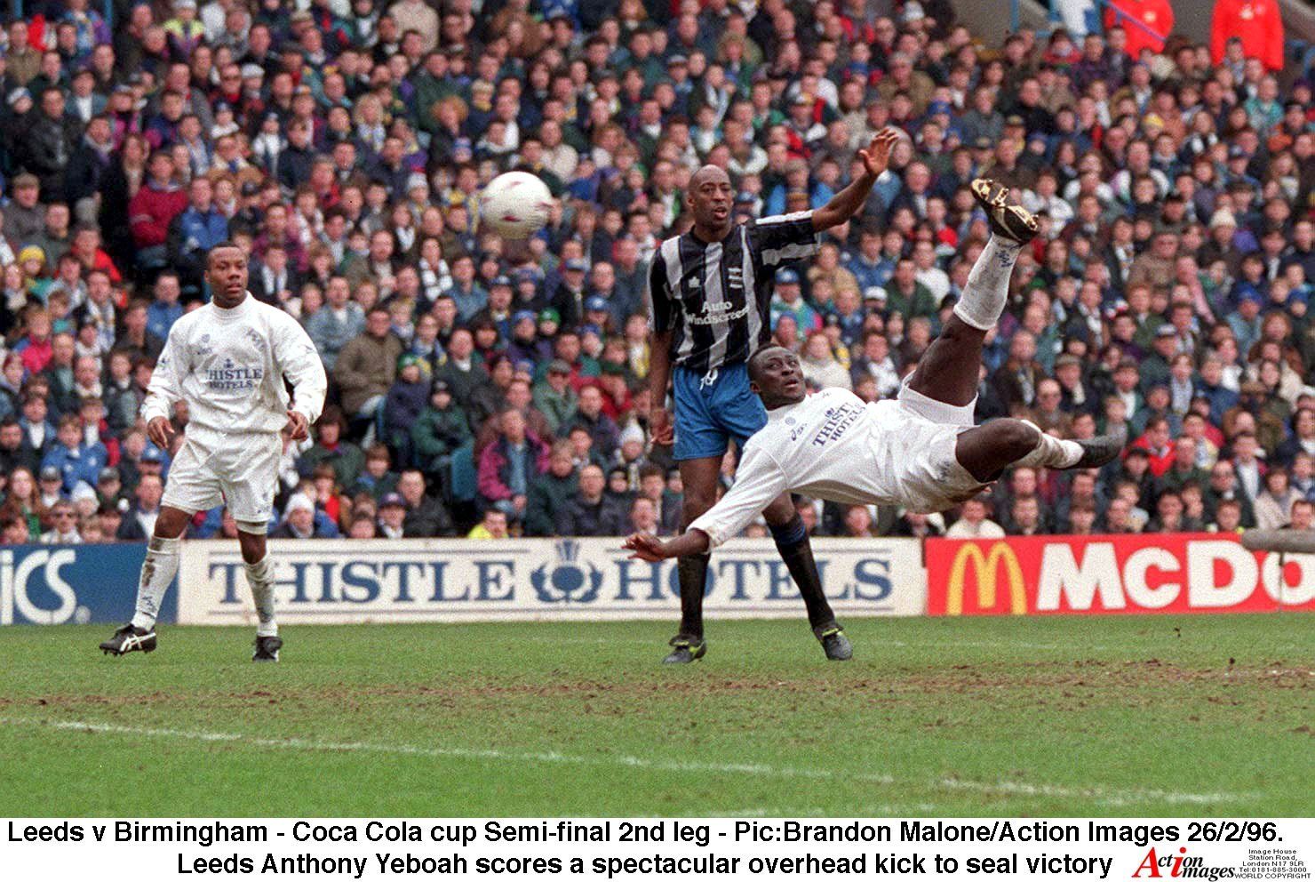 Leeds Anthony Yeboah scores a spectacular overhead kick to seal victory