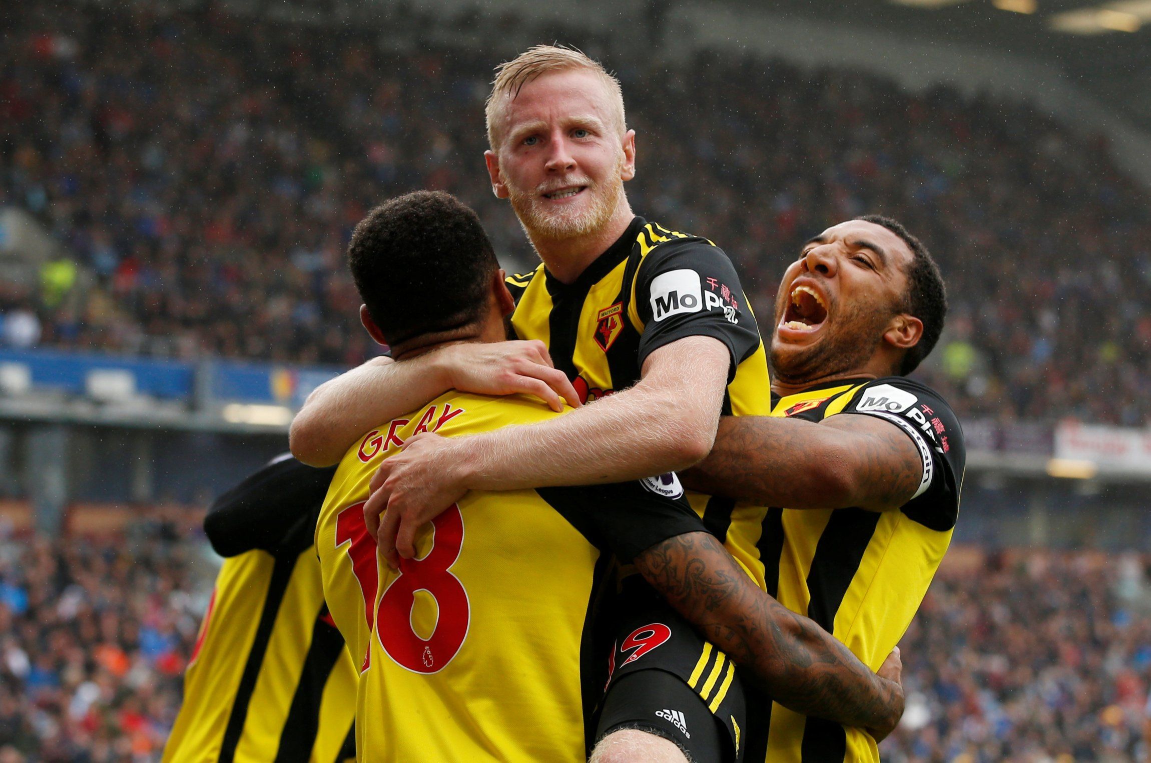 Watford players celebrate goal against Burnley in the Premier League