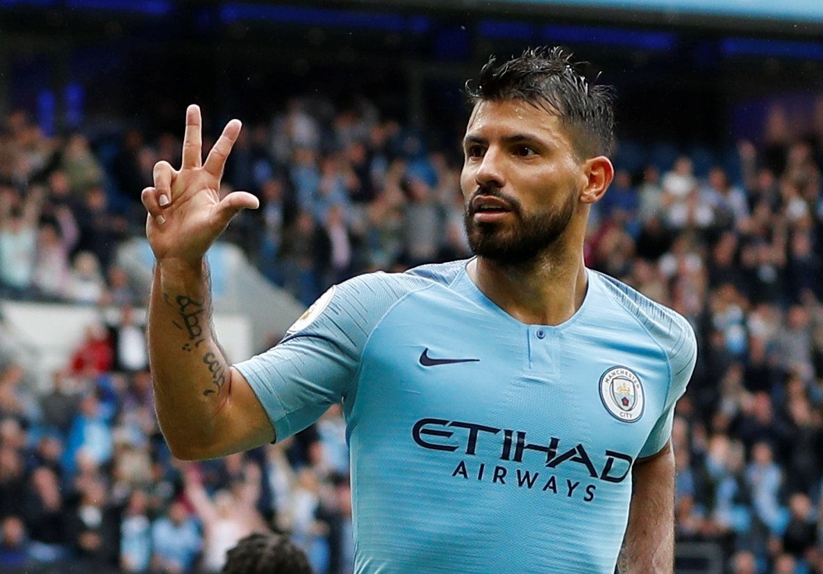 Soccer Football - Premier League - Manchester City v Huddersfield Town - Etihad Stadium, Manchester, Britain - August 19, 2018  Manchester City's Sergio Aguero celebrates scoring their fifth goal to complete his hat-trick                REUTERS/Darren Staples  EDITORIAL USE ONLY. No use with unauthorized audio, video, data, fixture lists, club/league logos or "live" services. Online in-match use limited to 75 images, no video emulation. No use in betting, games or single club/league/player publi