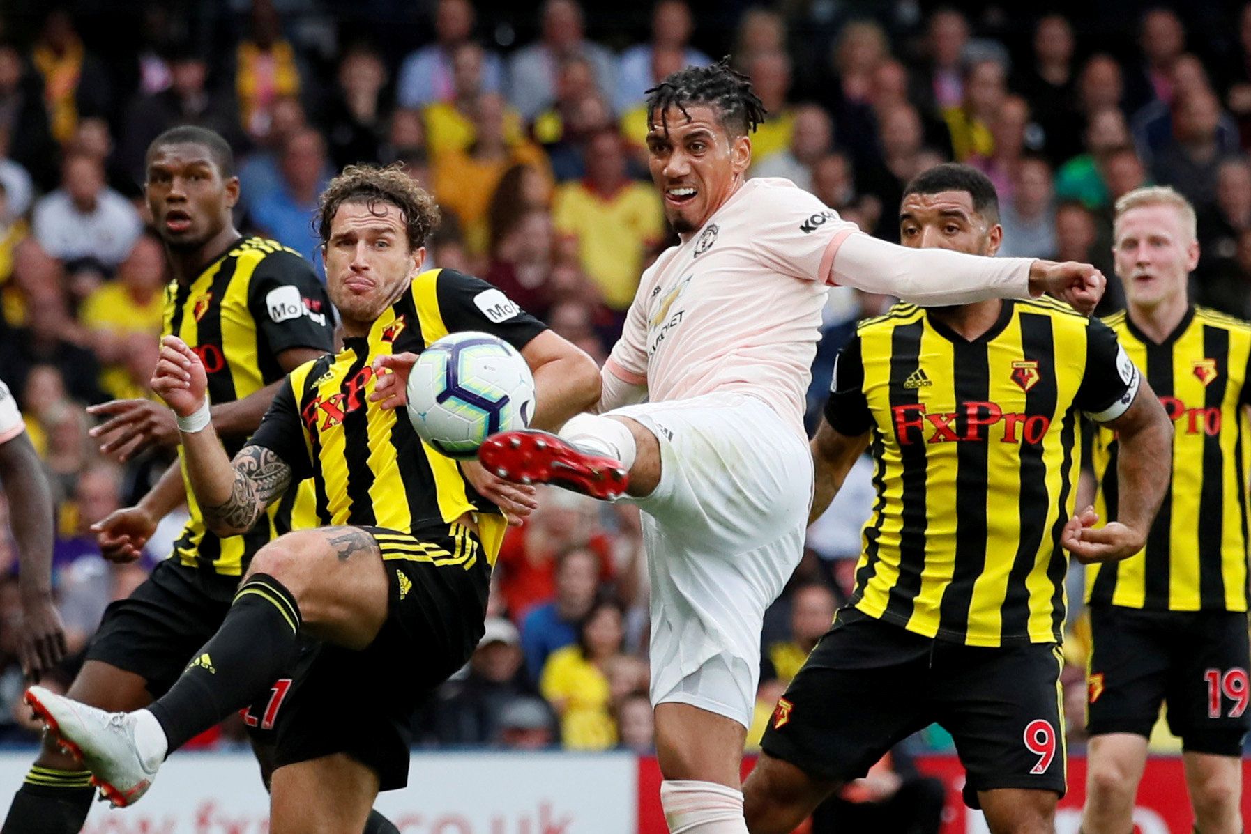 Soccer Football - Premier League - Watford v Manchester United - Vicarage Road, Watford, Britain - September 15, 2018  Manchester United's Chris Smalling scores their second goal   REUTERS/David Klein  EDITORIAL USE ONLY. No use with unauthorized audio, video, data, fixture lists, club/league logos or 