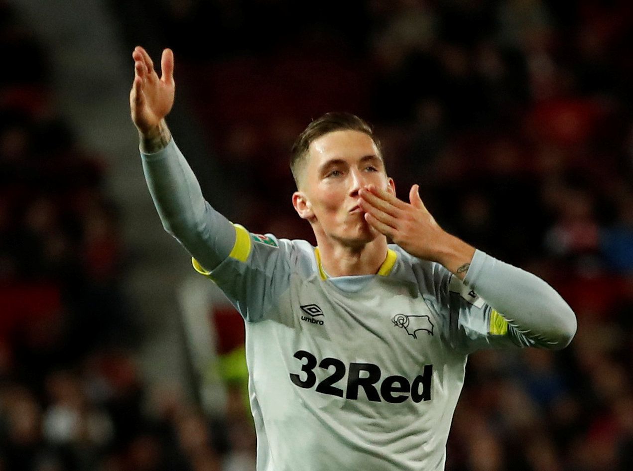 Harry Wilson celebrates after scoring for Derby County against Manchester United