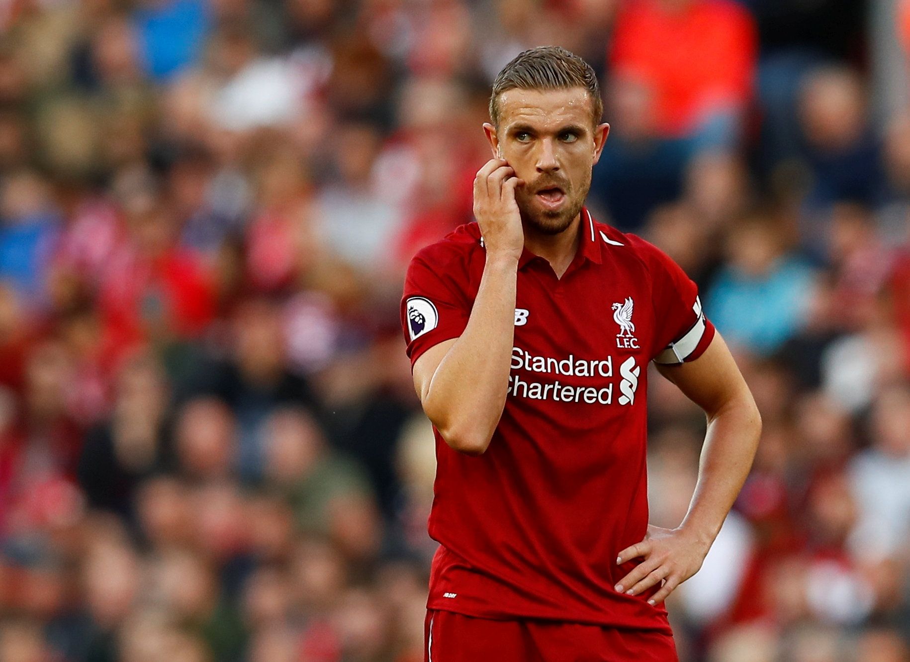 Soccer Football - Premier League - Liverpool v Brighton &amp; Hove Albion - Anfield, Liverpool, Britain - August 25, 2018  Liverpool's Jordan Henderson reacts   Action Images via Reuters/Jason Cairnduff  EDITORIAL USE ONLY. No use with unauthorized audio, video, data, fixture lists, club/league logos or 