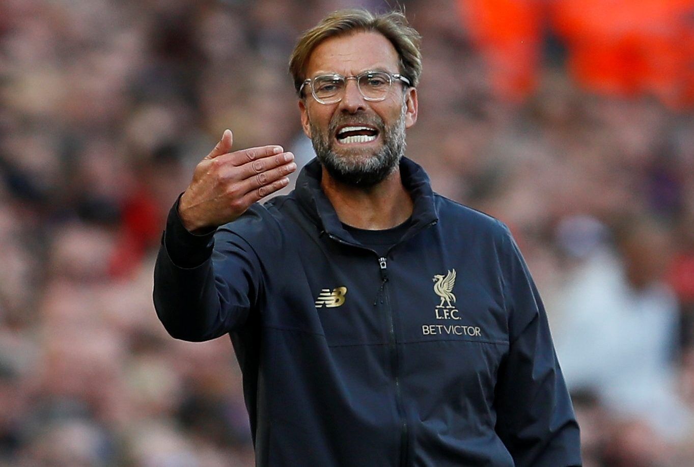 Soccer Football - Premier League - Liverpool v Brighton &amp; Hove Albion - Anfield, Liverpool, Britain - August 25, 2018  Liverpool manager Juergen Klopp gestures      Action Images via Reuters/Jason Cairnduff  EDITORIAL USE ONLY. No use with unauthorized audio, video, data, fixture lists, club/league logos or 