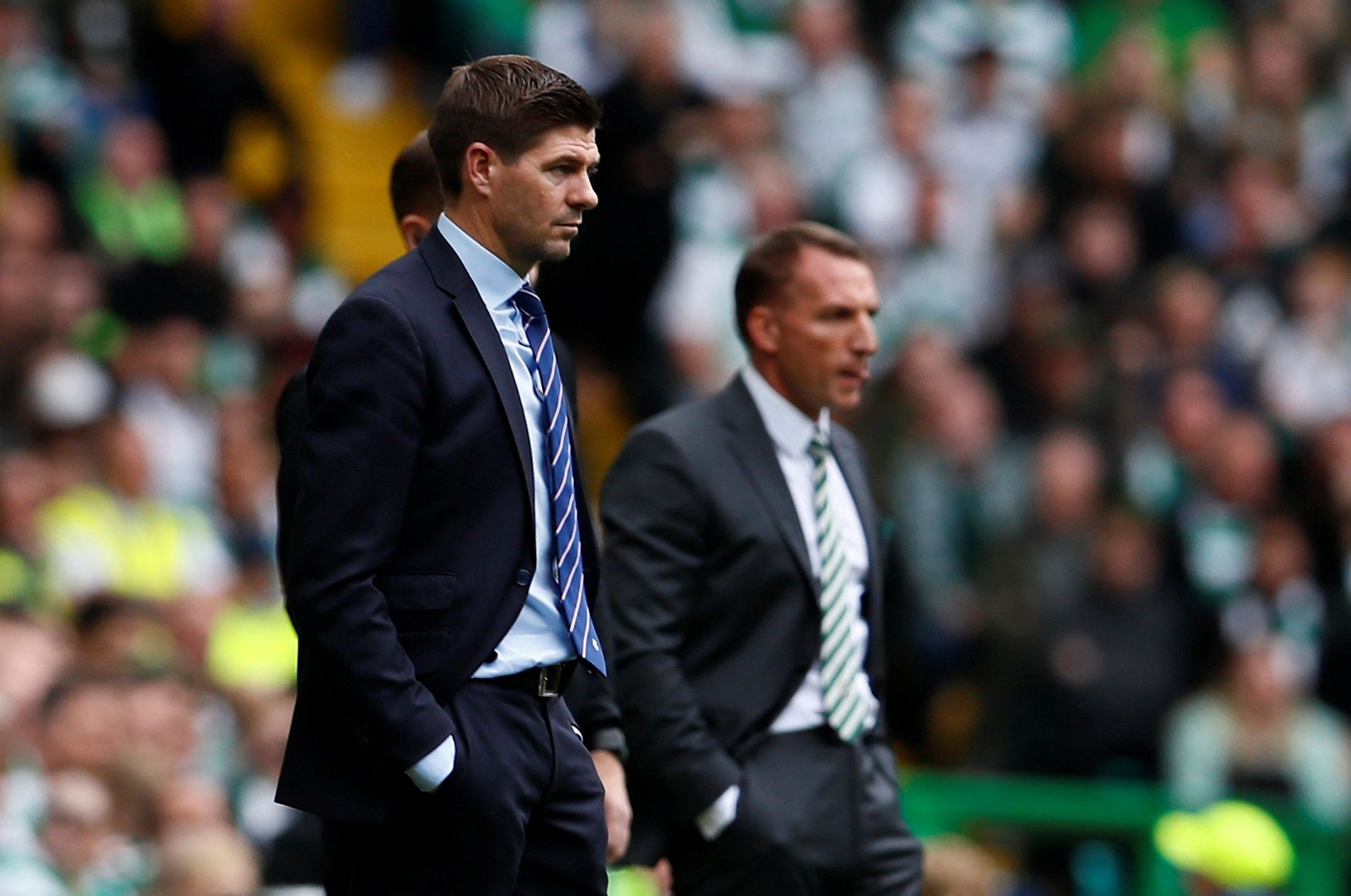 Steven Gerrard watches from the sidelines during Celtic v Rangers