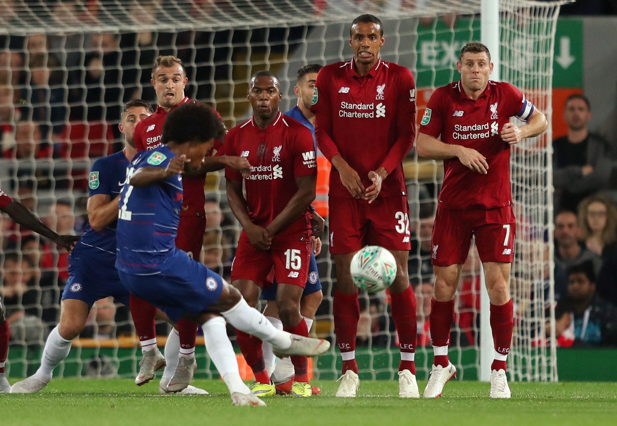 Soccer Football - Carabao Cup - Third Round - Liverpool v Chelsea - Anfield, Liverpool, Britain - September 26, 2018  Liverpool's Xherdan Shaqiri, Daniel Sturridge, Joel Matip and James Milner in the wall to defend a free kick from Chelsea's Willian   Action Images via Reuters/Lee Smith  EDITORIAL USE ONLY. No use with unauthorized audio, video, data, fixture lists, club/league logos or 