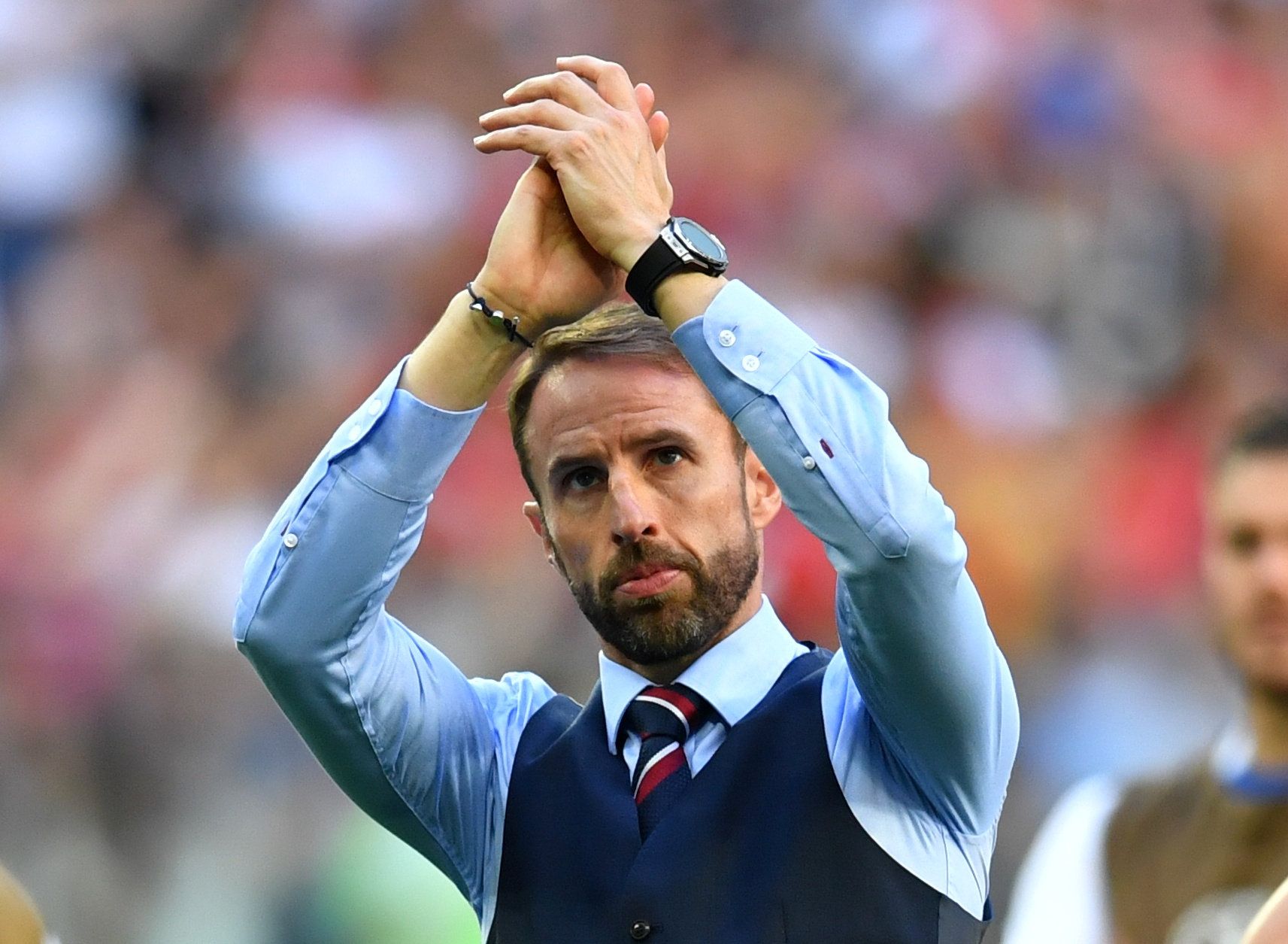 Soccer Football - World Cup - Third Place Play Off - Belgium v England - Saint Petersburg Stadium, Saint Petersburg, Russia - July 14, 2018  England manager Gareth Southgate applauds fans after the match   REUTERS/Dylan Martinez