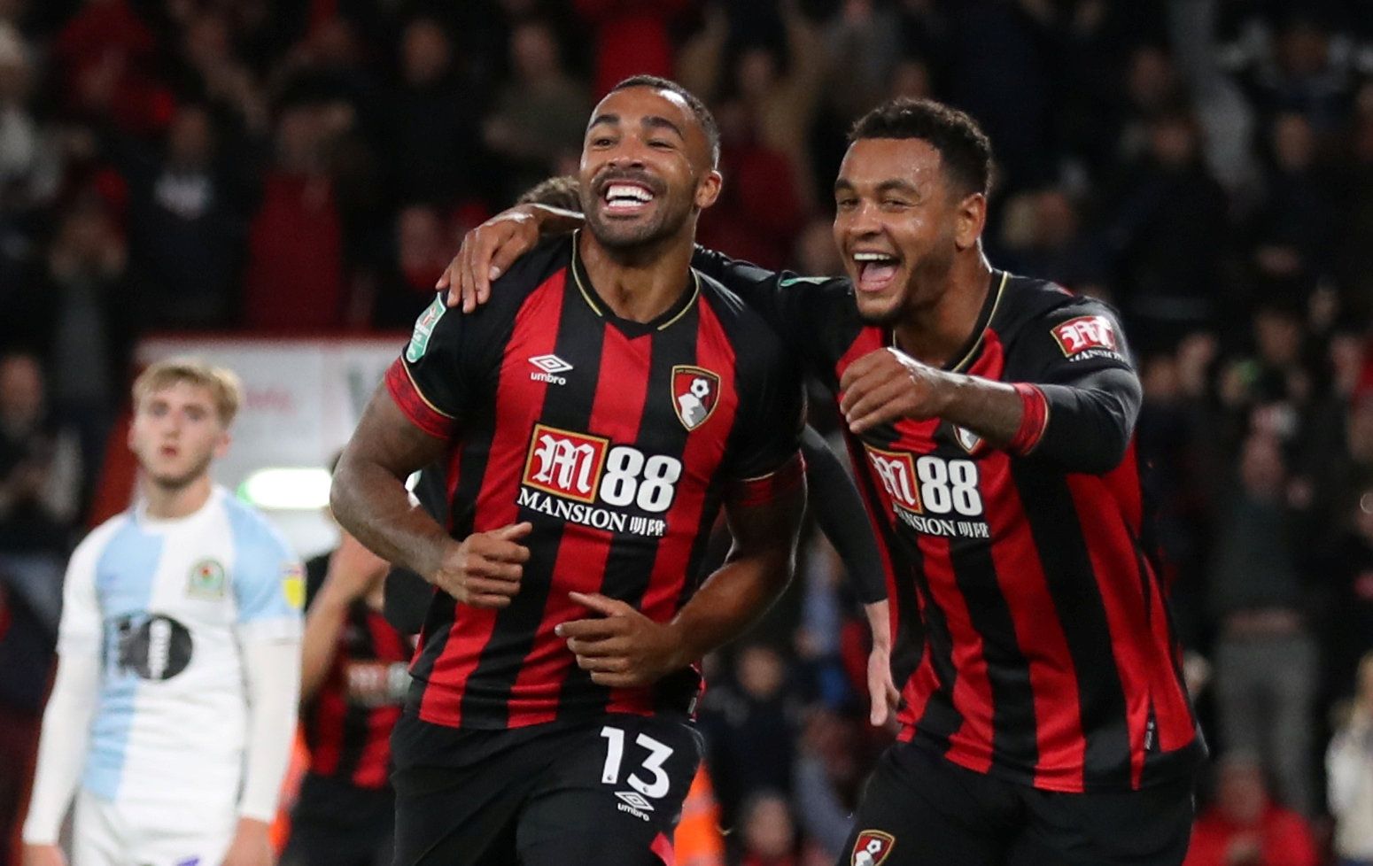 Soccer Football - Carabao Cup - Third Round - AFC Bournemouth v Blackburn Rovers - Vitality Stadium, Bournemouth, Britain - September 25, 2018  Bournemouth's Callum Wilson celebrates scoring their third goal with Joshua King            Action Images via Reuters/Peter Cziborra  EDITORIAL USE ONLY. No use with unauthorized audio, video, data, fixture lists, club/league logos or "live" services. Online in-match use limited to 75 images, no video emulation. No use in betting, games or single club/le