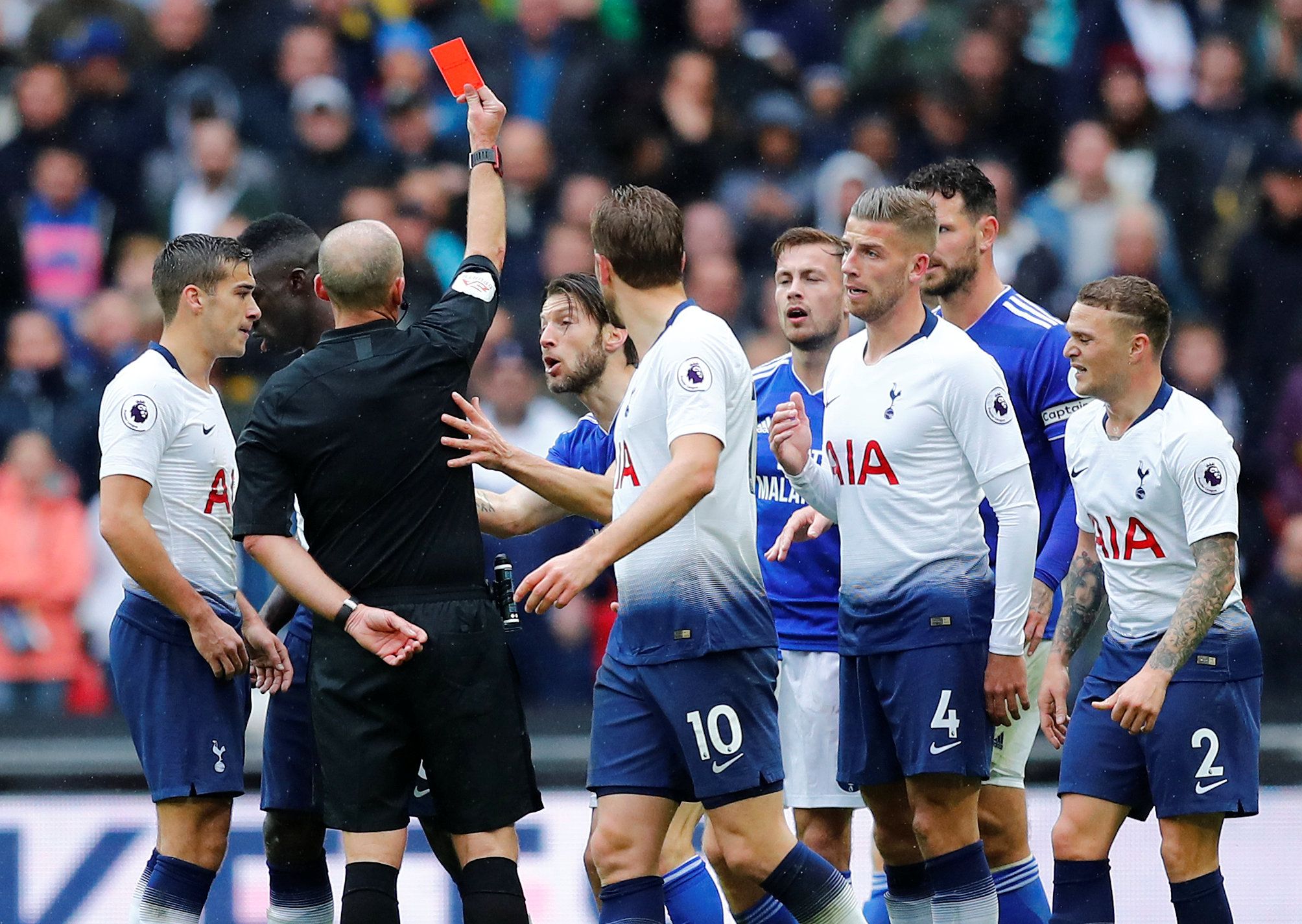 Soccer Football - Premier League - Tottenham Hotspur v Cardiff City - Wembley Stadium, London, Britain - October 6, 2018   Cardiff City's Joe Ralls is shown a red card by referee Mike Dean   REUTERS/Eddie Keogh    EDITORIAL USE ONLY. No use with unauthorized audio, video, data, fixture lists, club/league logos or "live" services. Online in-match use limited to 75 images, no video emulation. No use in betting, games or single club/league/player publications.  Please contact your account represent