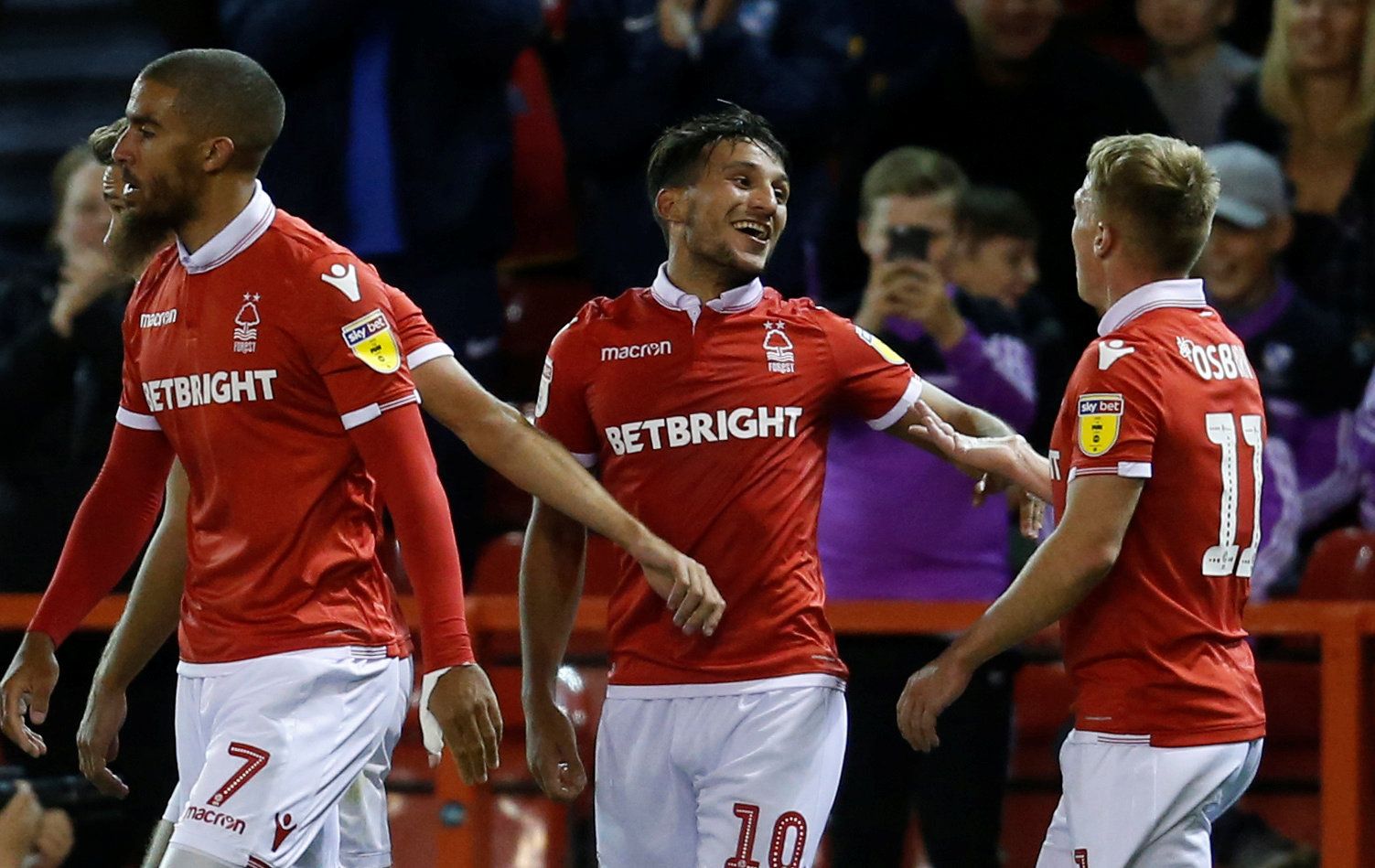 Soccer Football - Championship - Nottingham Forest v Sheffield Wednesday - The City Ground, Nottingham, Britain - September 19, 2018  Nottingham Forest's Joao Carvalho celebrates scoring their second goal with team mates   Action Images/Ed Sykes  EDITORIAL USE ONLY. No use with unauthorized audio, video, data, fixture lists, club/league logos or 