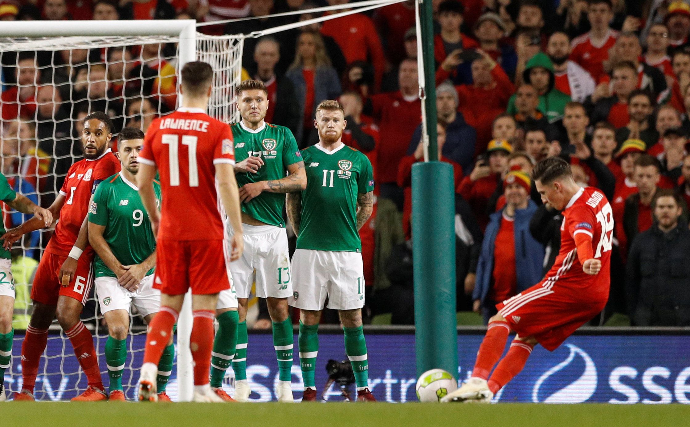 Soccer Football - UEFA Nations League - League B - Group 4 - Republic of Ireland v Wales - Aviva Stadium, Dublin, Republic of Ireland - October 16, 2018  Wales' Harry Wilson scores their first goal from a free kick  Action Images via Reuters/John Sibley
