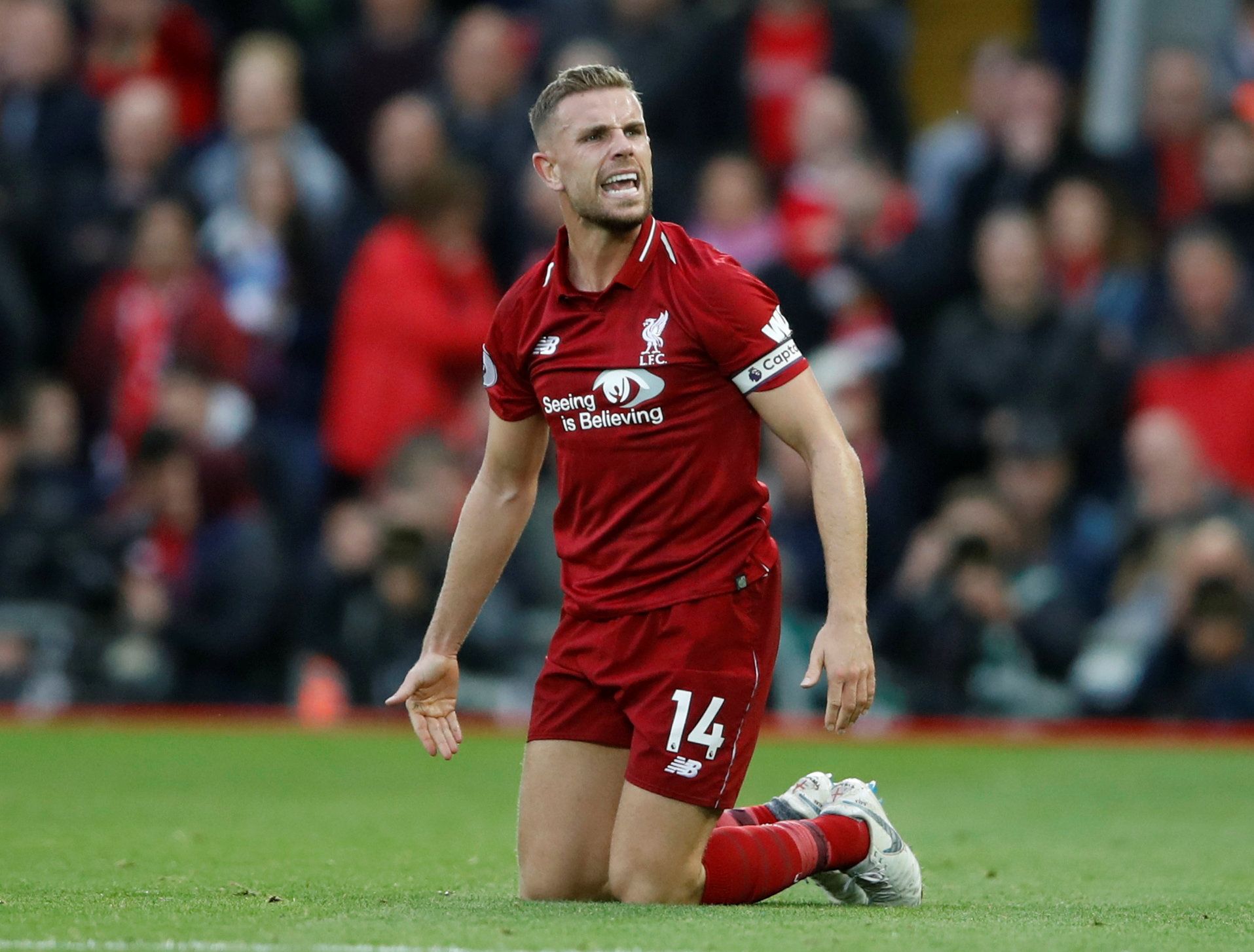 Soccer Football - Premier League - Liverpool v Manchester City - Anfield, Liverpool, Britain - October 7, 2018  Liverpool's Jordan Henderson reacts  Action Images via Reuters/Carl Recine  EDITORIAL USE ONLY. No use with unauthorized audio, video, data, fixture lists, club/league logos or "live" services. Online in-match use limited to 75 images, no video emulation. No use in betting, games or single club/league/player publications.  Please contact your account representative for further details.