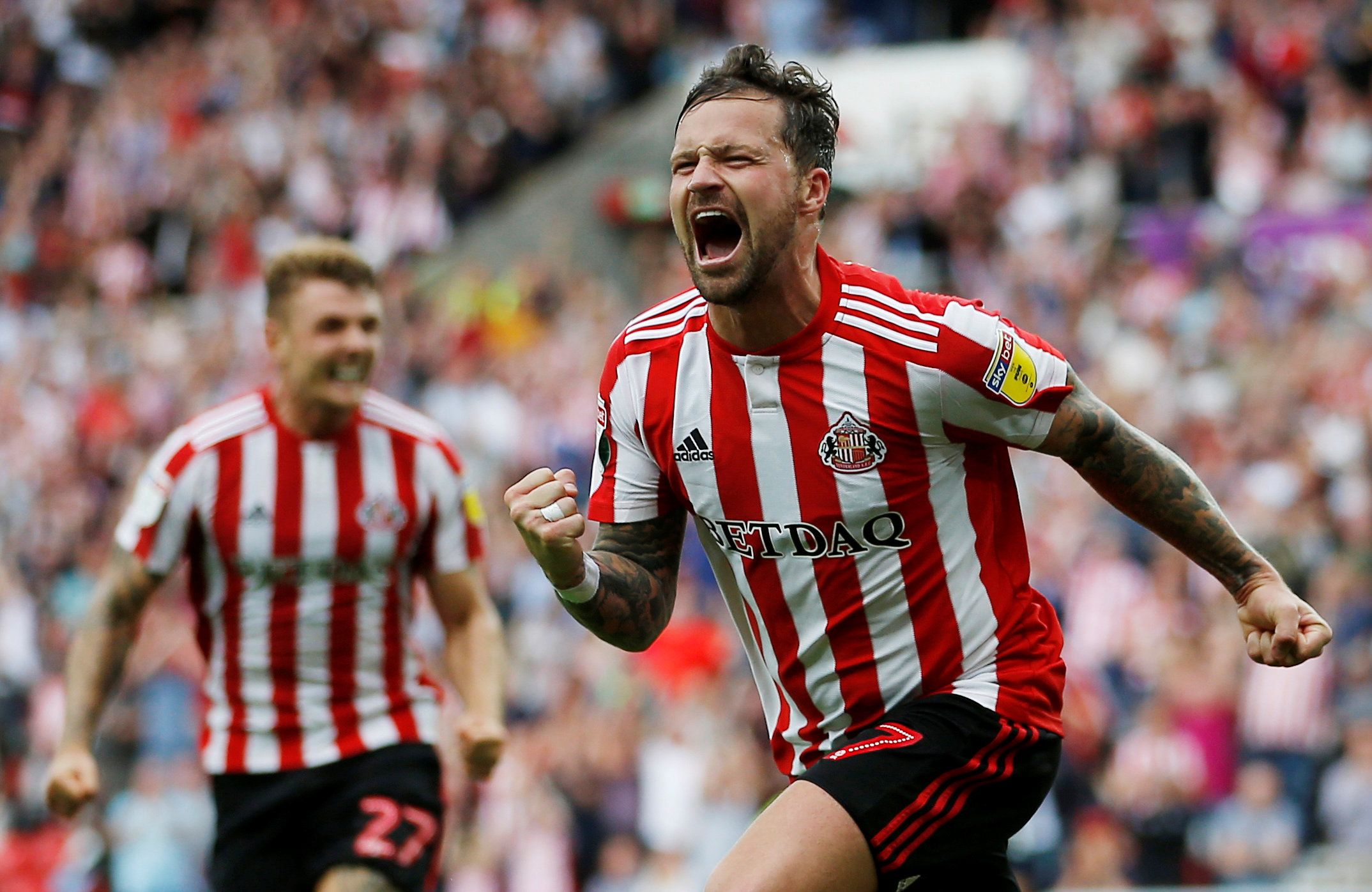 Soccer Football - League One - Sunderland v Scunthorpe United - Stadium of Light, Sunderland, Britain - August 19, 2018   Sunderland's Chris Maguire celebrates after he scores his sides third goal    Action Images/Craig Brough    EDITORIAL USE ONLY. No use with unauthorized audio, video, data, fixture lists, club/league logos or 