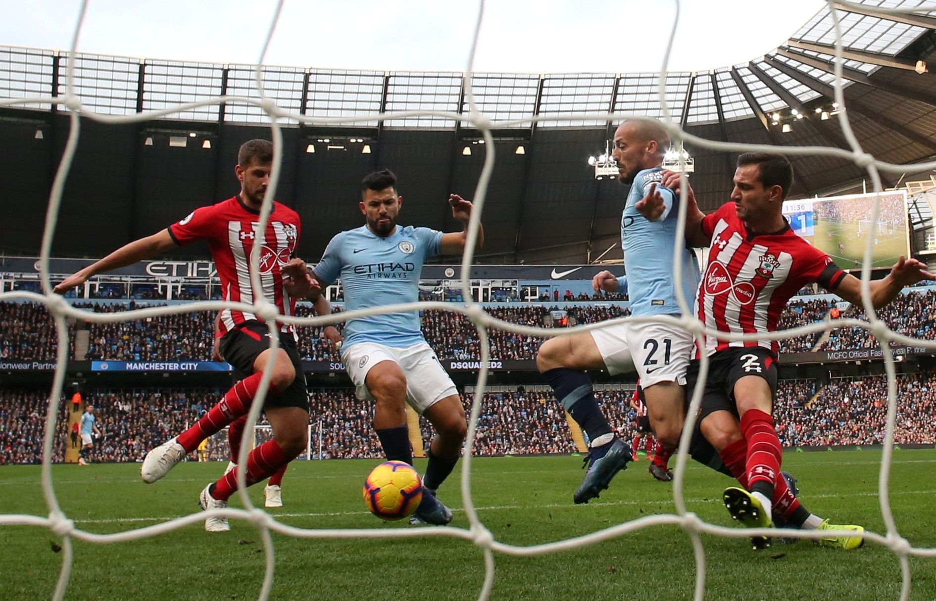 Soccer Football - Premier League - Manchester City v Southampton - Etihad Stadium, Manchester, Britain - November 4, 2018  Manchester City's Sergio Aguero scores their second goal   Action Images via Reuters/Jason Cairnduff  EDITORIAL USE ONLY. No use with unauthorized audio, video, data, fixture lists, club/league logos or "live" services. Online in-match use limited to 75 images, no video emulation. No use in betting, games or single club/league/player publications.  Please contact your accoun