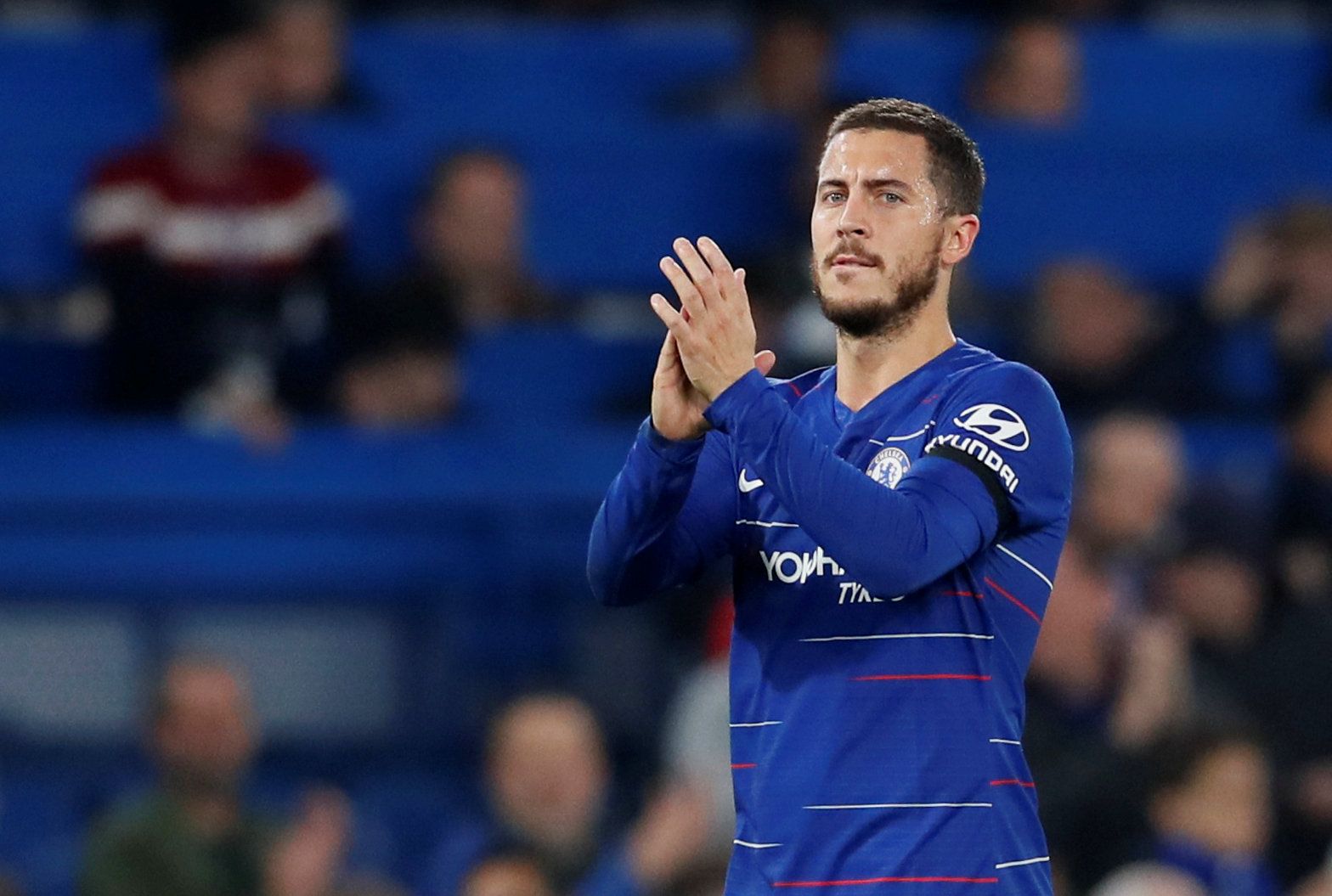 Soccer Football - Premier League - Chelsea v Crystal Palace - Stamford Bridge, London, Britain - November 4, 2018  Chelsea's Eden Hazard celebrates after the match  REUTERS/David Klein  EDITORIAL USE ONLY. No use with unauthorized audio, video, data, fixture lists, club/league logos or "live" services. Online in-match use limited to 75 images, no video emulation. No use in betting, games or single club/league/player publications.  Please contact your account representative for further details.