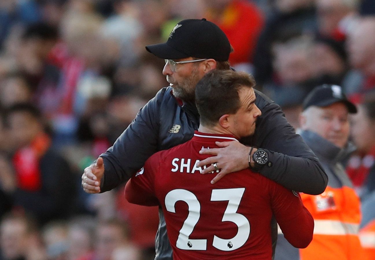 Soccer Football - Premier League - Liverpool v Fulham - Anfield, Liverpool, Britain - November 11, 2018  Liverpool's Xherdan Shaqiri hugs Liverpool manager Juergen Klopp as he is substituted off                          Action Images via Reuters/Andrew Boyers  EDITORIAL USE ONLY. No use with unauthorized audio, video, data, fixture lists, club/league logos or 