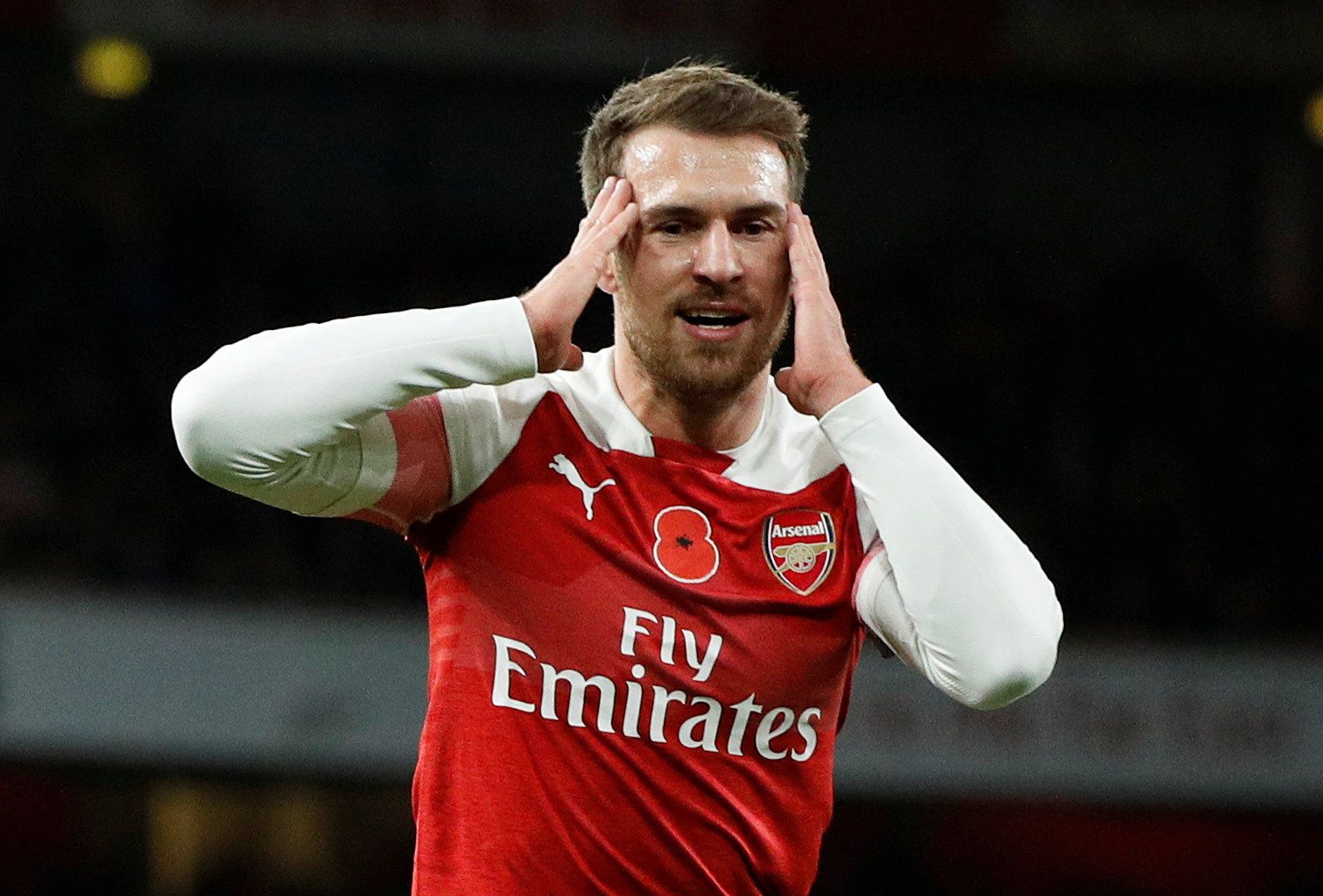 Soccer Football - Premier League - Arsenal v Wolverhampton Wanderers - Emirates Stadium, London, Britain - November 11, 2018  Arsenal's Aaron Ramsey reacts  Action Images via Reuters/John Sibley  EDITORIAL USE ONLY. No use with unauthorized audio, video, data, fixture lists, club/league logos or "live" services. Online in-match use limited to 75 images, no video emulation. No use in betting, games or single club/league/player publications.  Please contact your account representative for further 