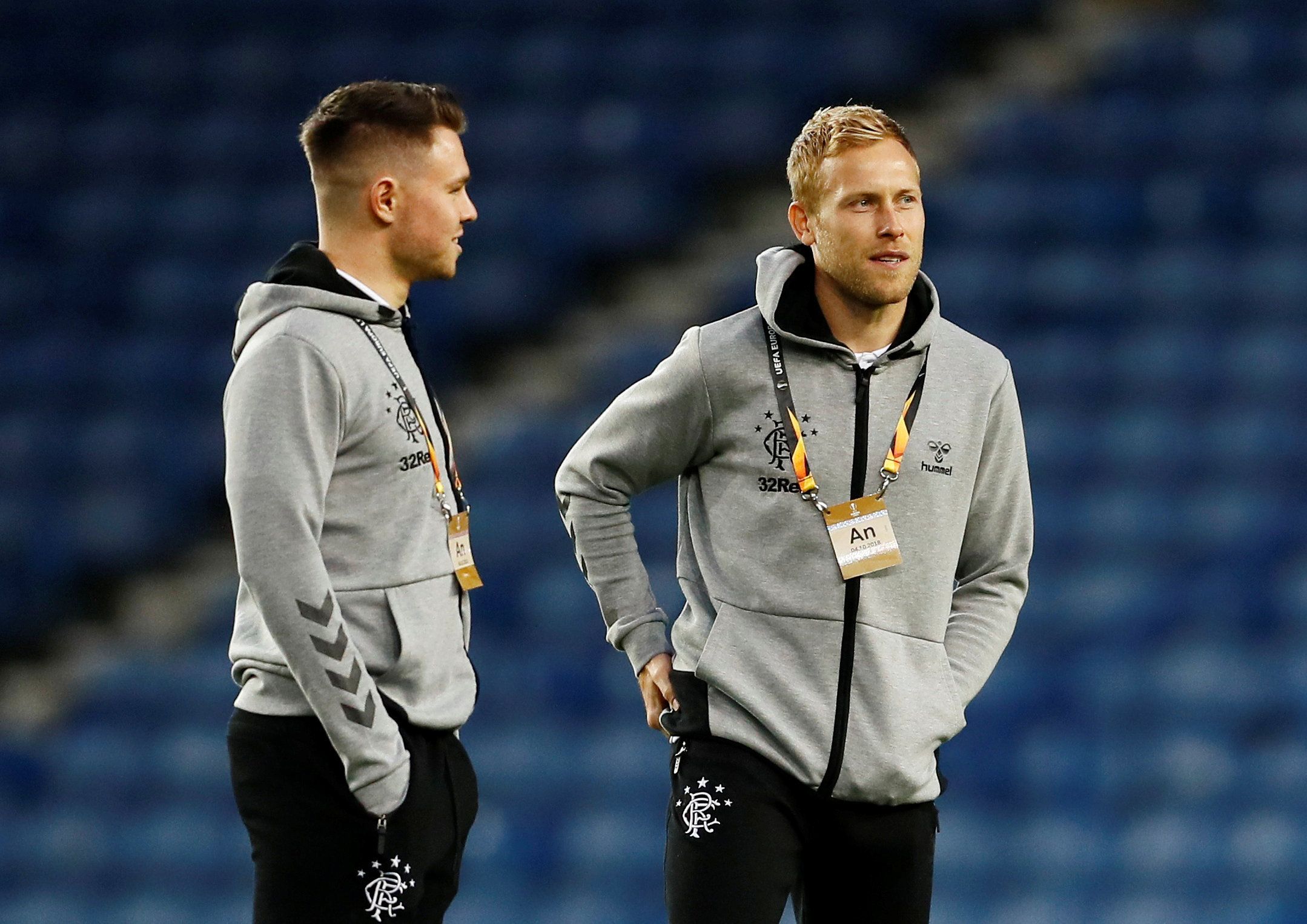 Soccer Football - Europa League - Group Stage - Group G - Rangers v SK Rapid Wien - Ibrox, Glasgow, Britain - October 4, 2018  Rangers' Scott Arfield with Glenn Middleton before the match   Action Images via Reuters/Jason Cairnduff