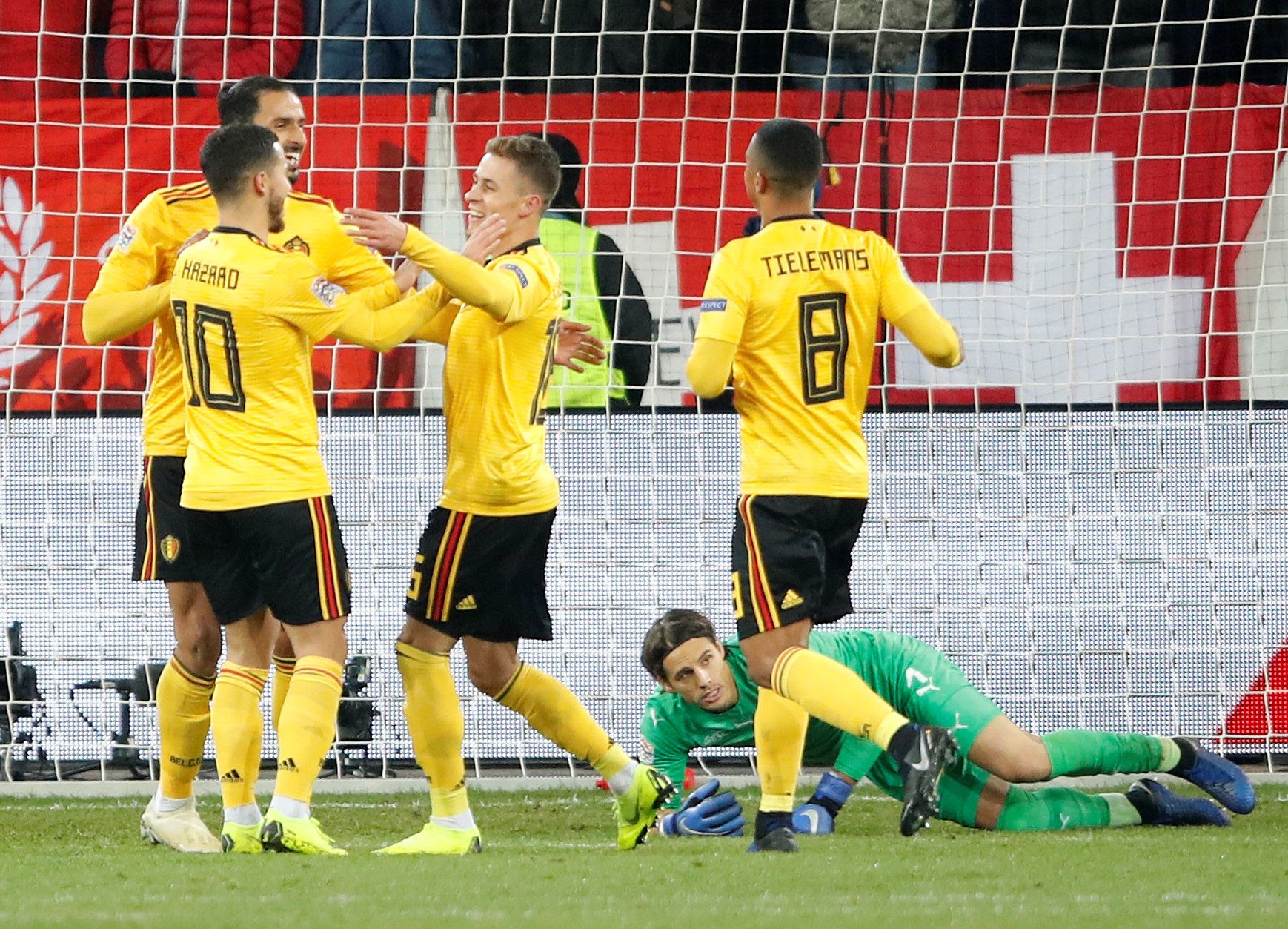 Belgium winger Thorgan Hazard celebrates after scoring vs Switzerland