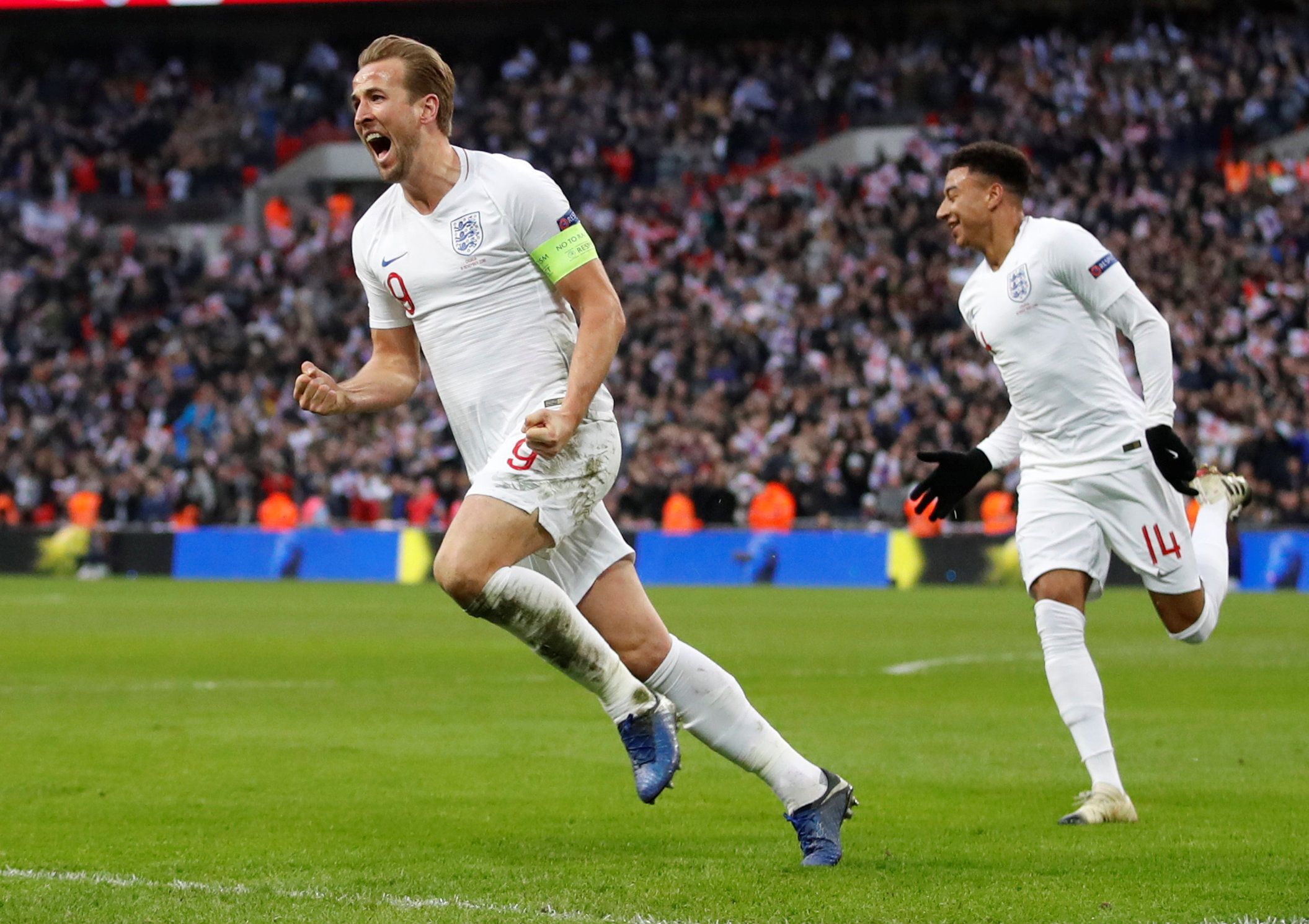Harry Kane celebrates scoring against Croatia