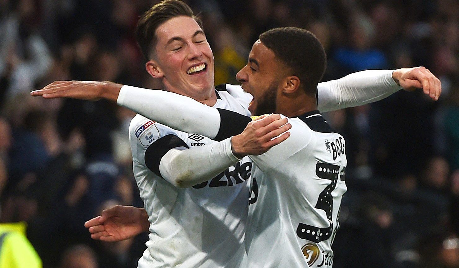 Soccer Football - Championship - Derby County v Birmingham City - Pride Park, Derby, Britain - November 3, 2018   Derby's Harry Wilson celebrates scoring their second goal with Jaden Bogle   Action Images/Alan Walter    EDITORIAL USE ONLY. No use with unauthorized audio, video, data, fixture lists, club/league logos or 
