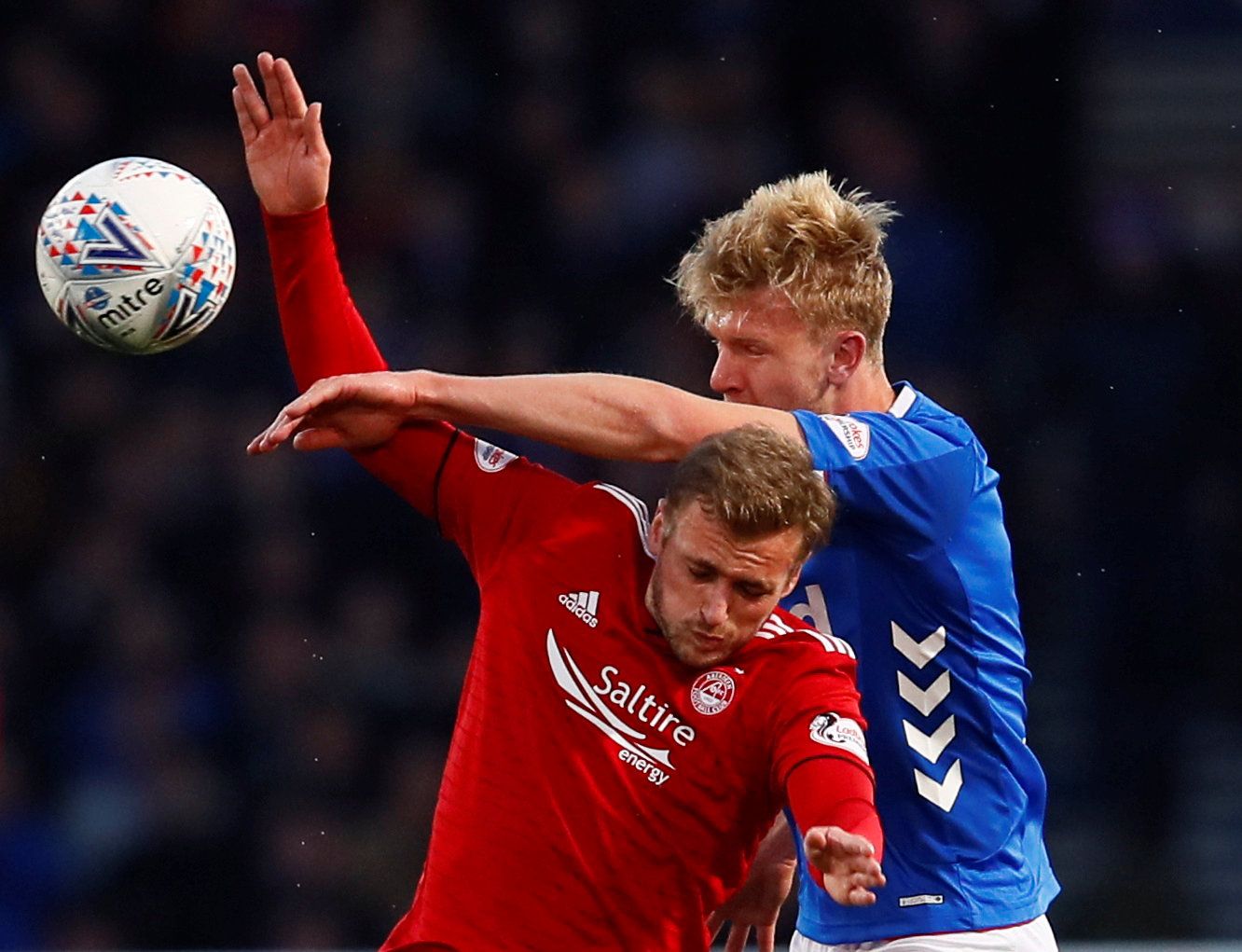 Soccer Football - Scottish League Cup Semi Final - Aberdeen v Rangers - Hampden Park, Glasgow, Britain - October 28, 2018  Aberdeen's James Wilson in action with Rangers' Joe Worrall           Action Images via Reuters/Jason Cairnduff  EDITORIAL USE ONLY. No use with unauthorized audio, video, data, fixture lists, club/league logos or 
