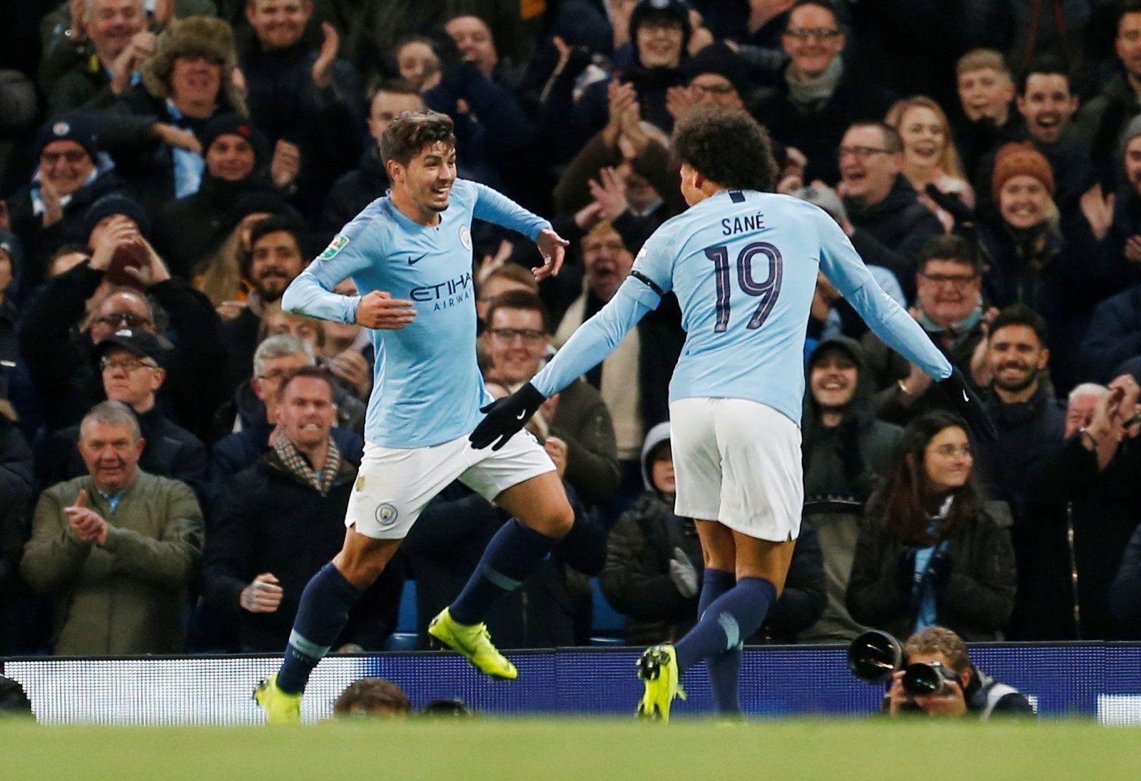 Soccer Football - Carabao Cup Fourth Round - Manchester City v Fulham - Etihad Stadium, Manchester, Britain - November 1, 2018  Manchester City's Brahim Diaz celebrates scoring their first goal with Leroy Sane        Action Images via Reuters/Craig Brough