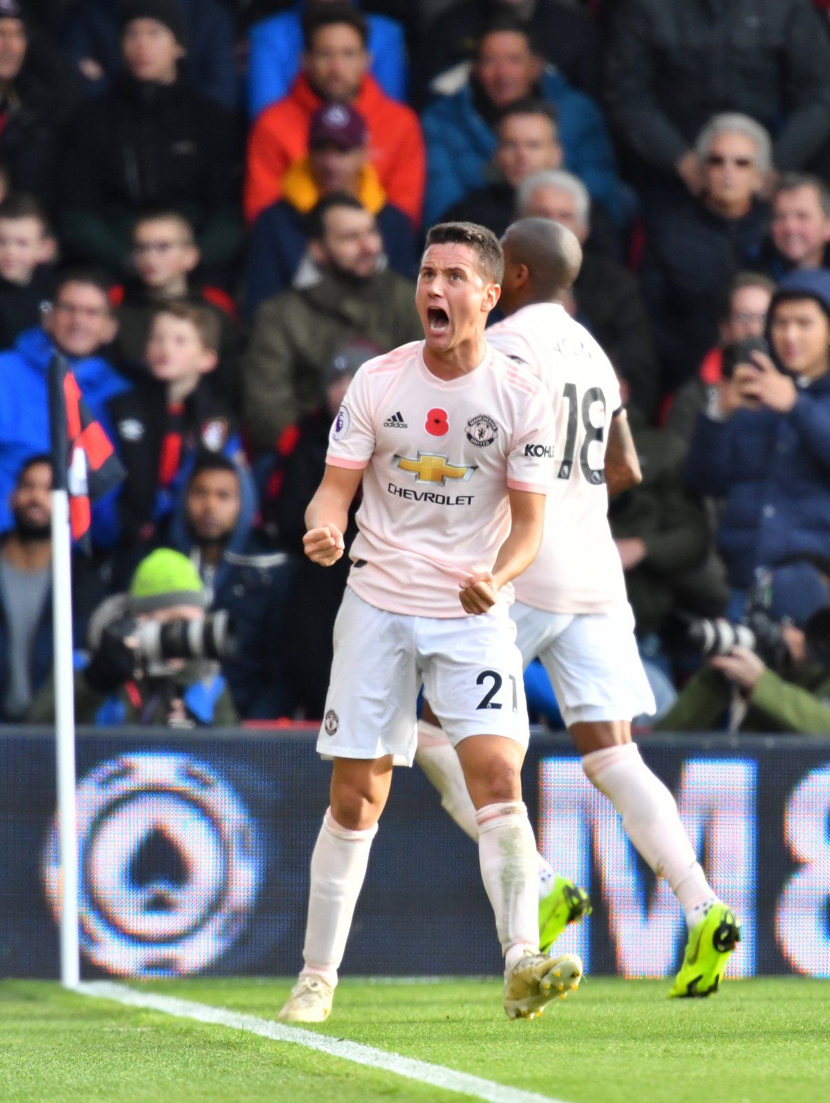 Manchester United's Ander Herrera celebrates after Marcus Rashford scores the winning goal against Bournemouth