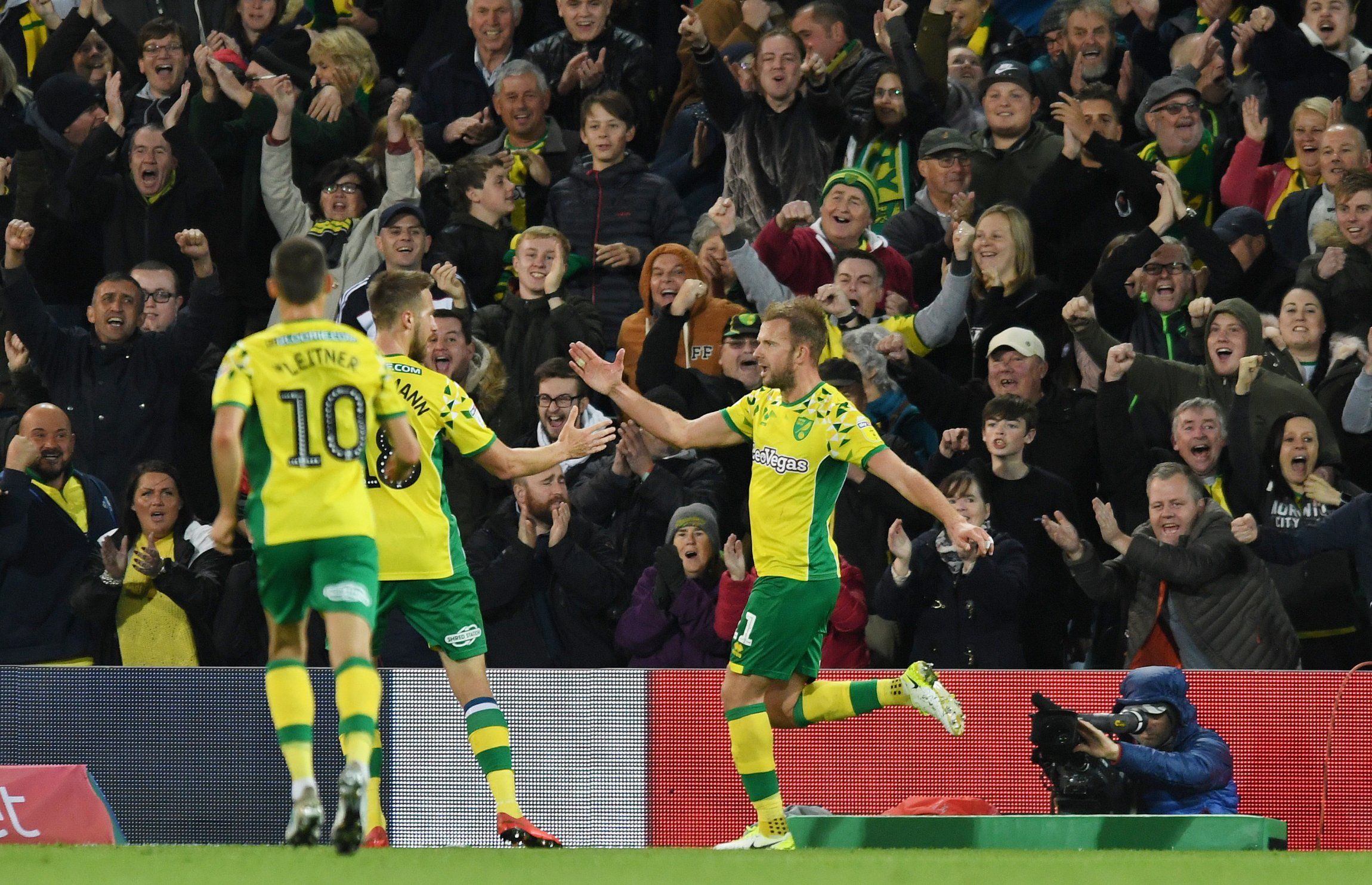 Norwich City striker Jordan Rhodes celebrates goal against Aston Villa