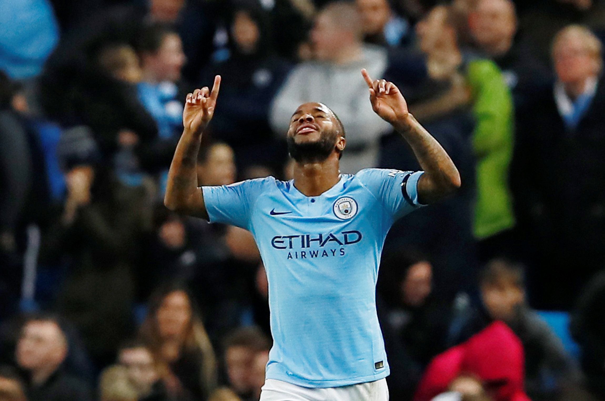 Soccer Football - Premier League - Manchester City v Southampton - Etihad Stadium, Manchester, Britain - November 4, 2018  Manchester City's Raheem Sterling celebrates scoring their fifth goal   Action Images via Reuters/Jason Cairnduff  EDITORIAL USE ONLY. No use with unauthorized audio, video, data, fixture lists, club/league logos or 