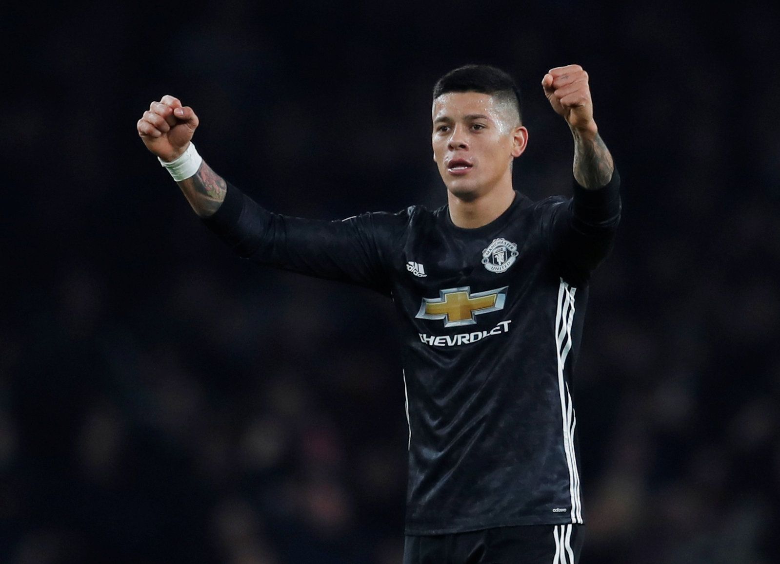Soccer Football - Premier League - Arsenal vs Manchester United - Emirates Stadium, London, Britain - December 2, 2017   Manchester United's Marcos Rojo celebrates   Action Images via Reuters/Andrew Couldridge    EDITORIAL USE ONLY. No use with unauthorized audio, video, data, fixture lists, club/league logos or 