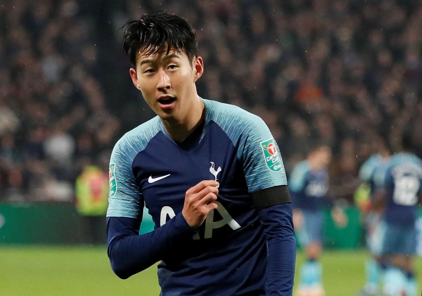Soccer Football - Carabao Cup Fourth Round - West Ham United v Tottenham Hotspur - London Stadium, London, Britain - October 31, 2018  Tottenham's Son Heung-min celebrates scoring their second goal                  REUTERS/David Klein  EDITORIAL USE ONLY. No use with unauthorized audio, video, data, fixture lists, club/league logos or 