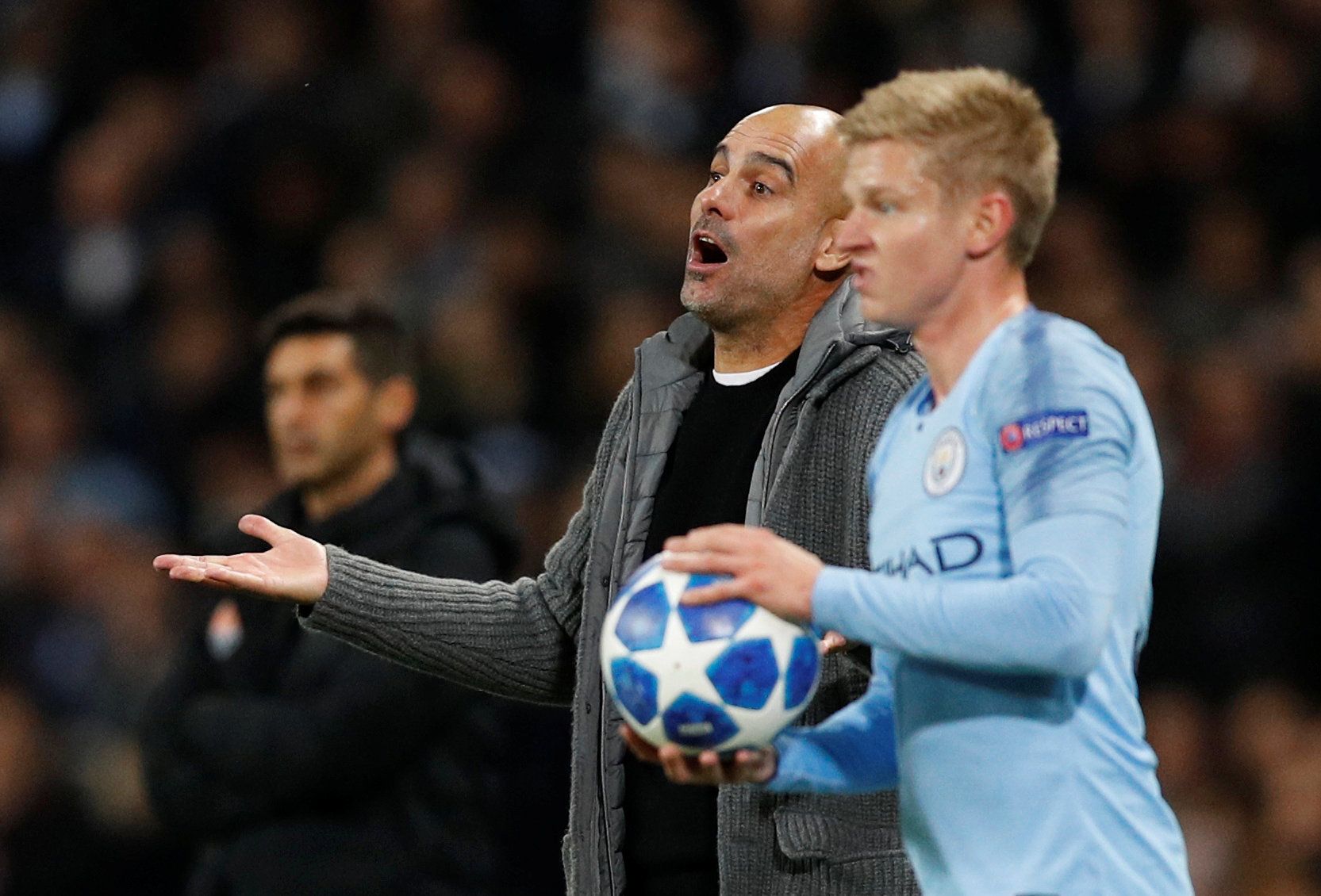 Soccer Football - Champions League - Group Stage - Group F - Manchester City v Shakhtar Donetsk - Etihad Stadium, Manchester, Britain - November 7, 2018  Manchester City manager Pep Guardiola reacts as Oleksandr Zinchenko prepares to take a throw in  REUTERS/Darren Staples