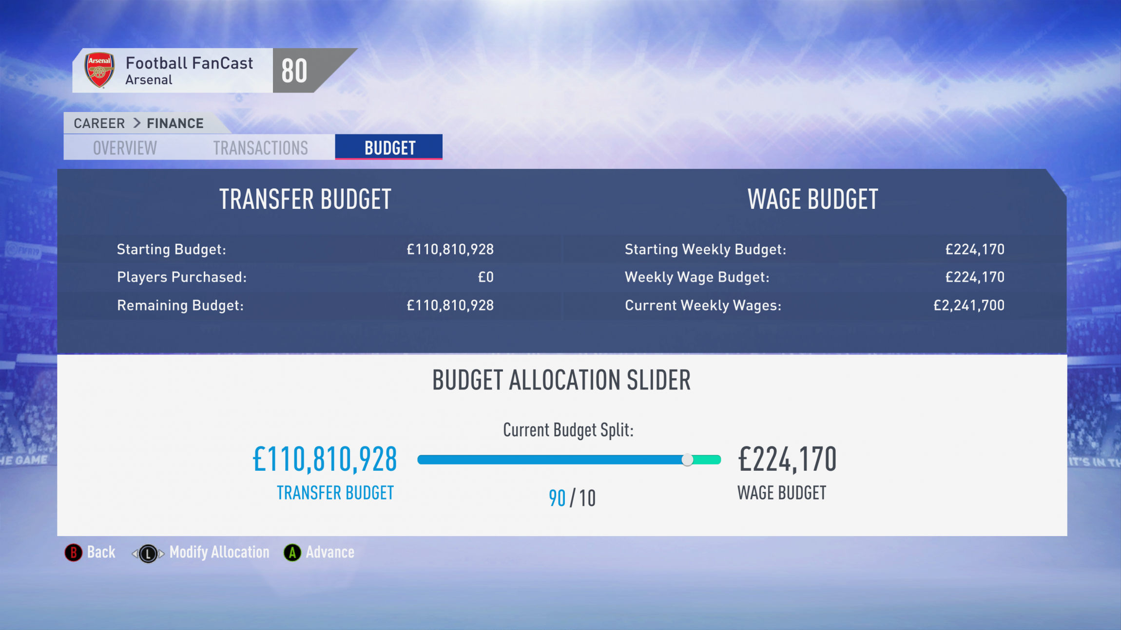 Arsenal FIFA 19 Transfer Budget