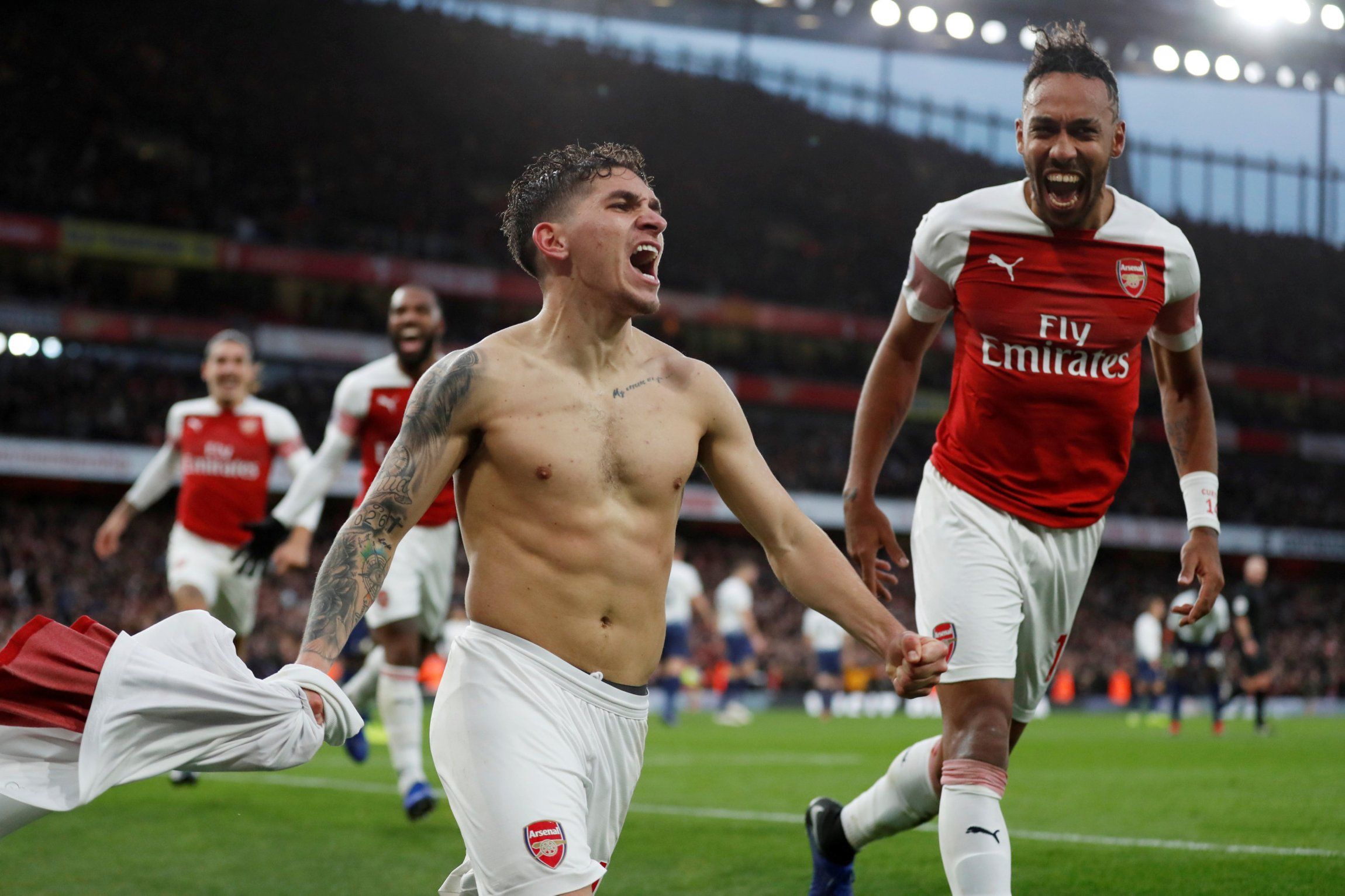 Arsenal's Lucas Torreira celebrates scoring their fourth goal vs Tottenham