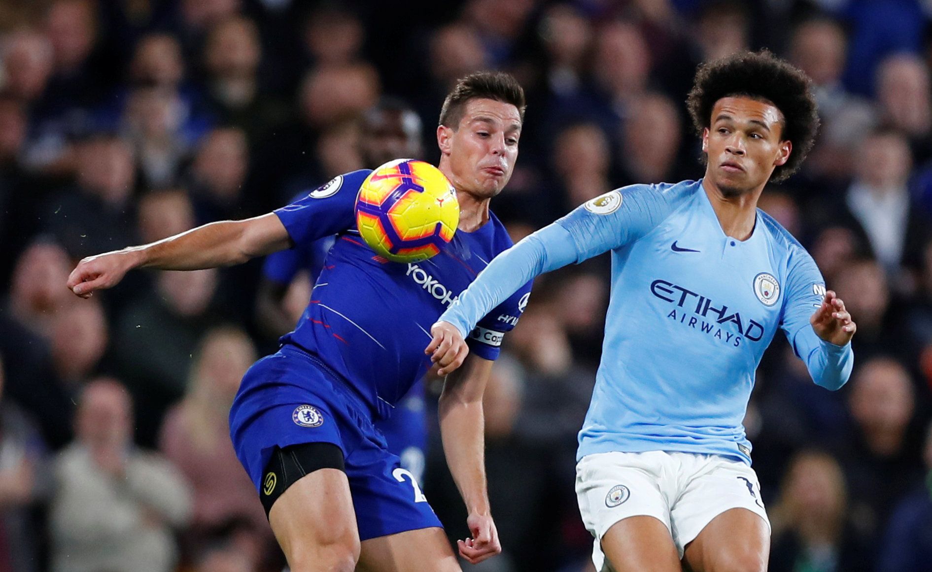 Soccer Football - Premier League - Chelsea v Manchester City - Stamford Bridge, London, Britain - December 8, 2018  Chelsea's Cesar Azpilicueta in action with Manchester City's Leroy Sane      REUTERS/Eddie Keogh  EDITORIAL USE ONLY. No use with unauthorized audio, video, data, fixture lists, club/league logos or 