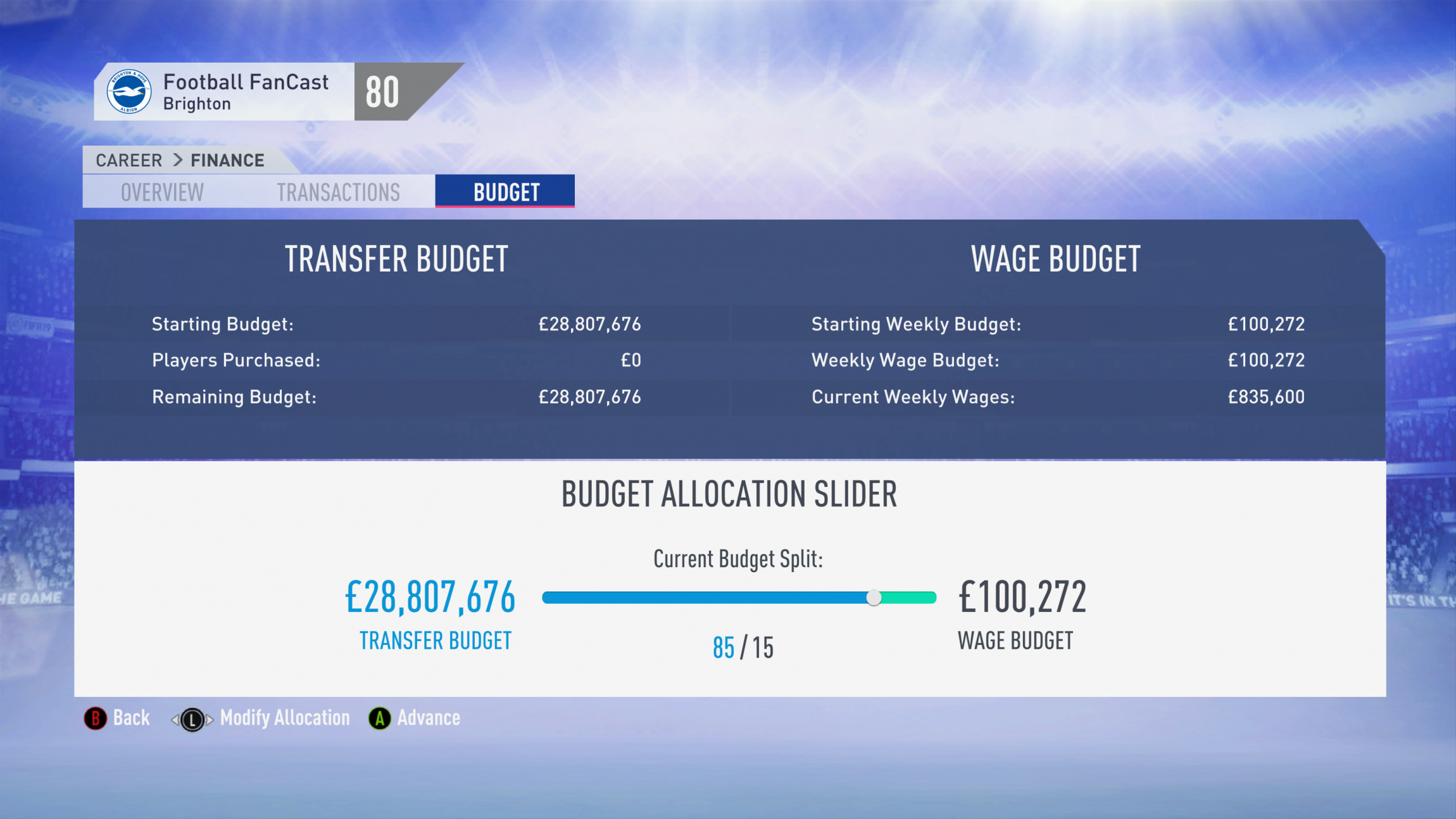 FIFA 19 Career Mode - Brighton Budget