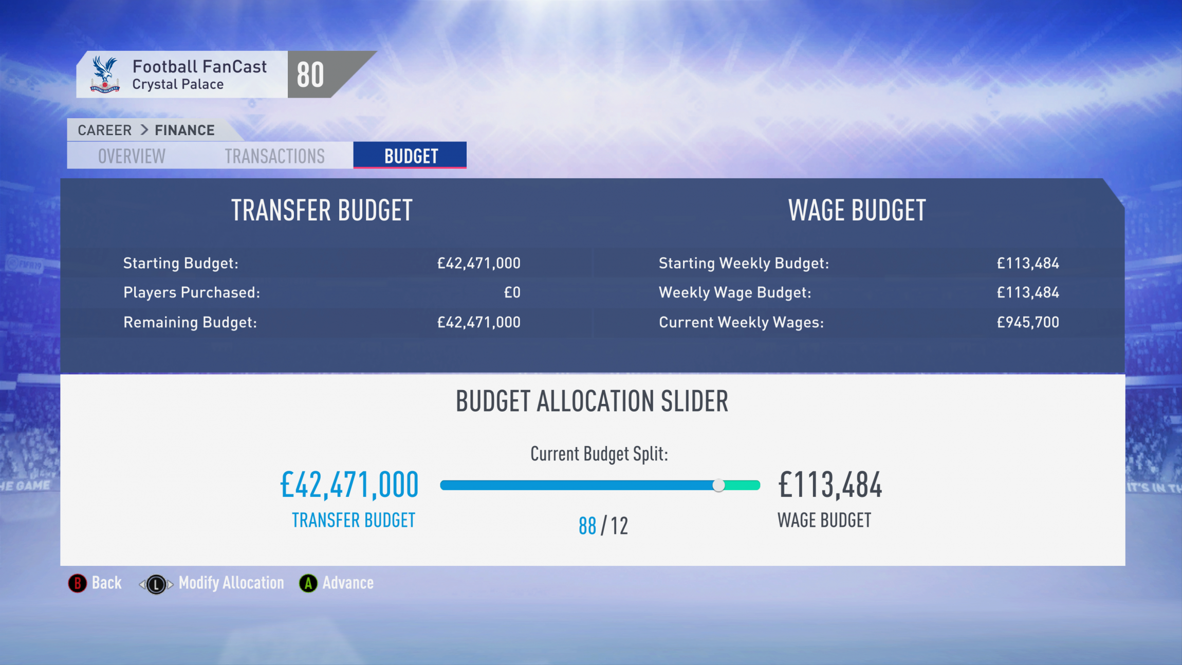 FIFA 19 Career Mode - Crystal Palace Budget