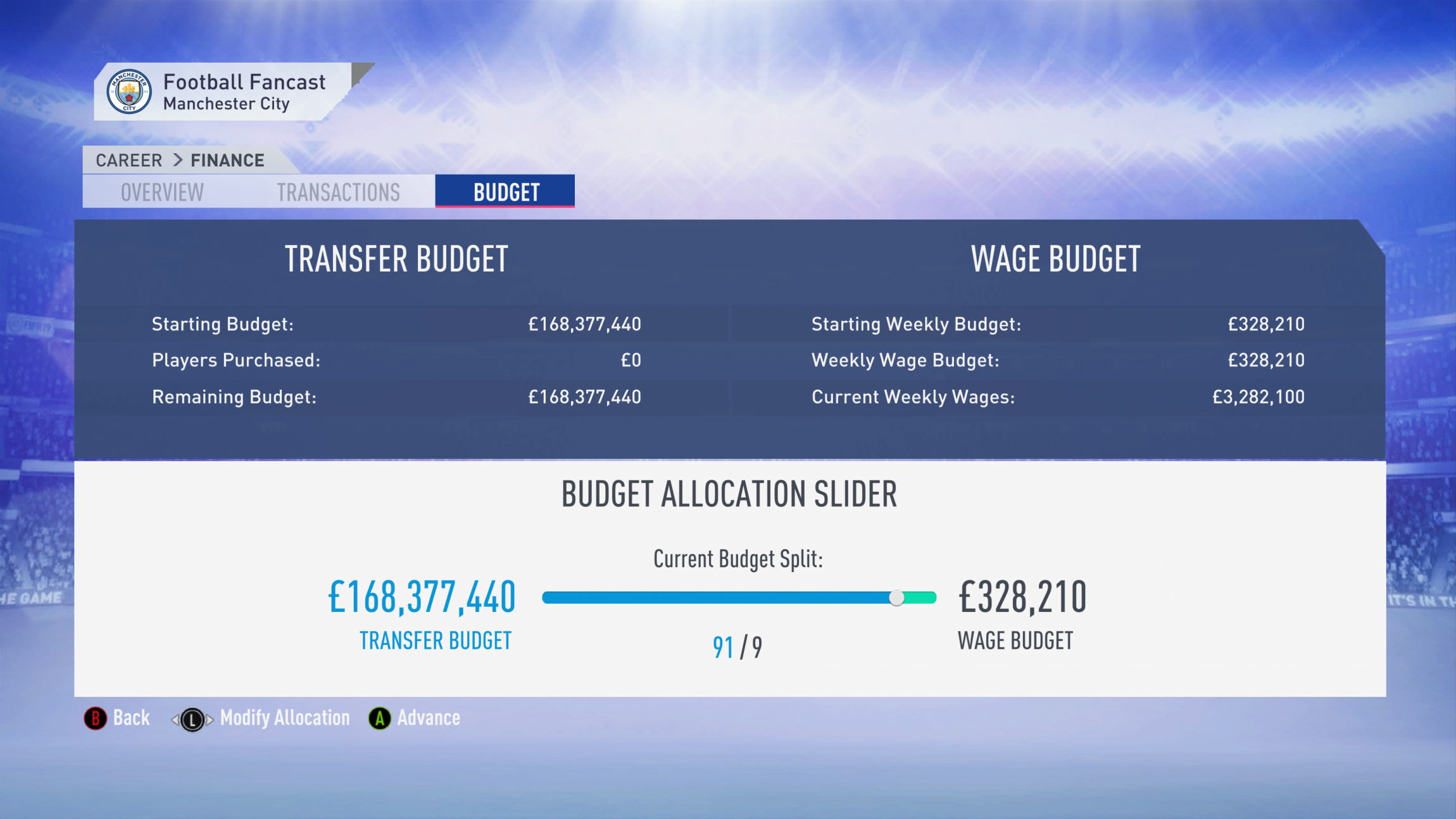 FIFA 19 Career Mode - Man City budget