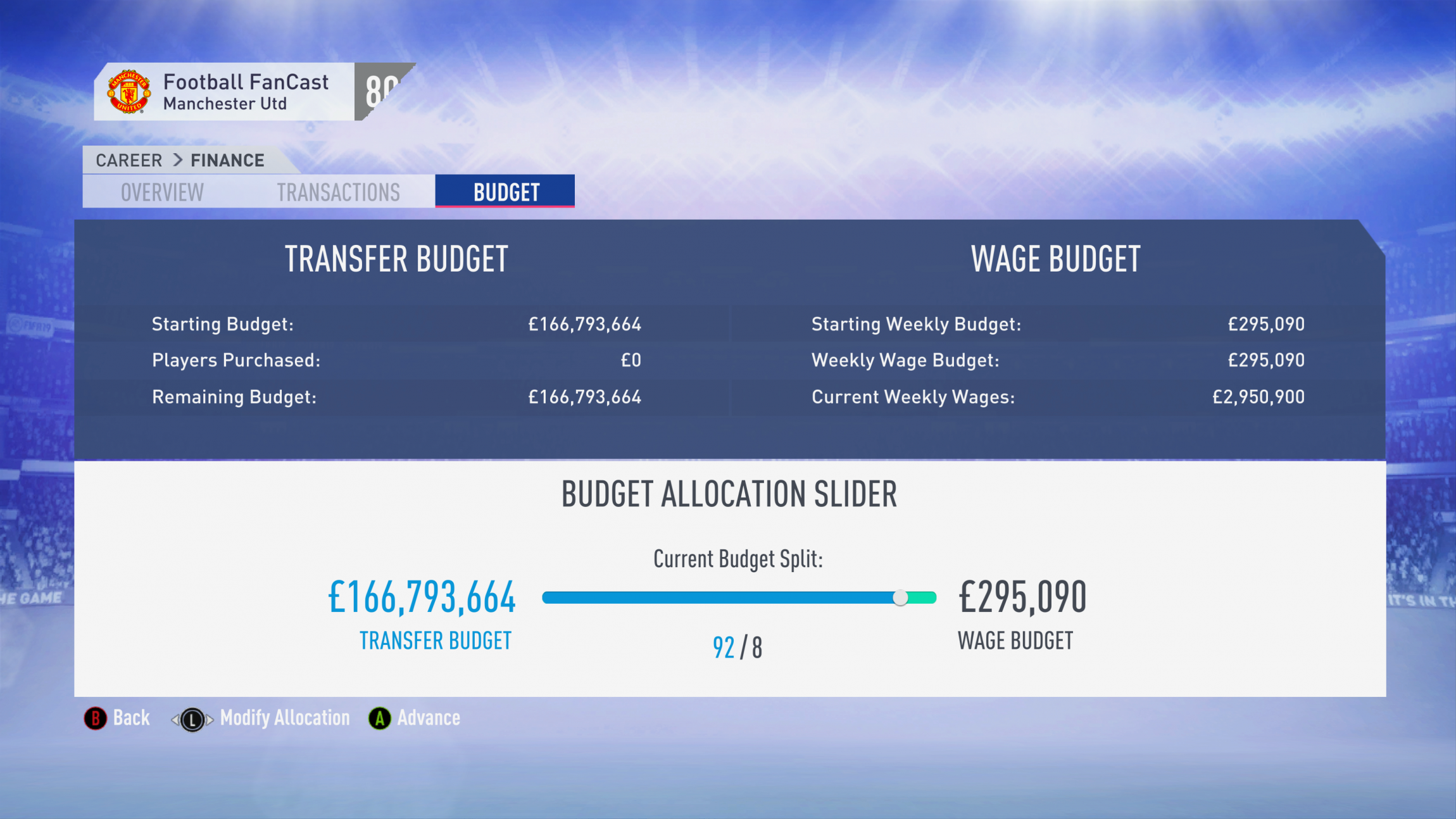 FIFA 19 Career Mode - Manchester United budget