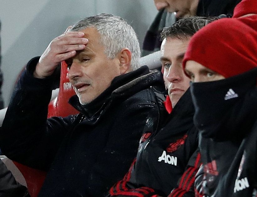 Soccer Football - Premier League - Liverpool v Manchester United - Anfield, Liverpool, Britain - December 16, 2018  Manchester United manager Jose Mourinho reacts  Action Images via Reuters/Carl Recine  EDITORIAL USE ONLY. No use with unauthorized audio, video, data, fixture lists, club/league logos or 