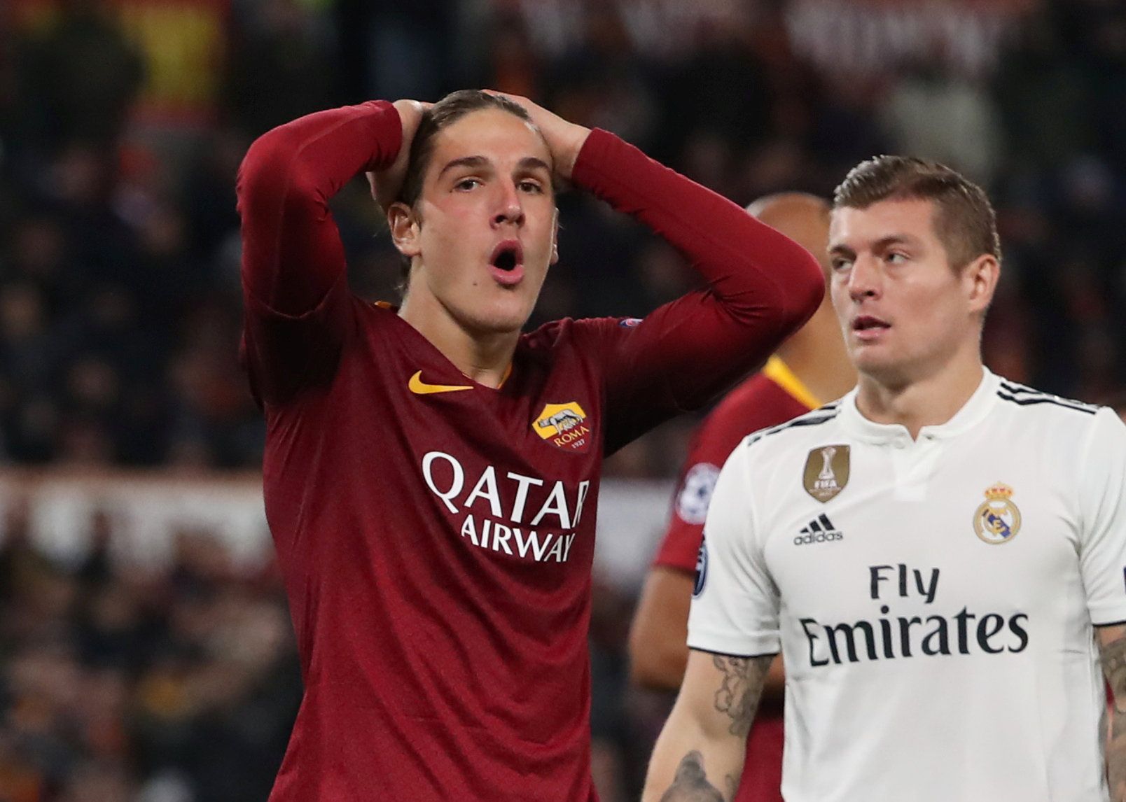 Soccer Football - Champions League - Group Stage - Group G - AS Roma v Real Madrid - Stadio Olimpico, Rome, Italy - November 27, 2018  Roma's Nicolo Zaniolo reacts after a missed chance   REUTERS/Tony Gentile
